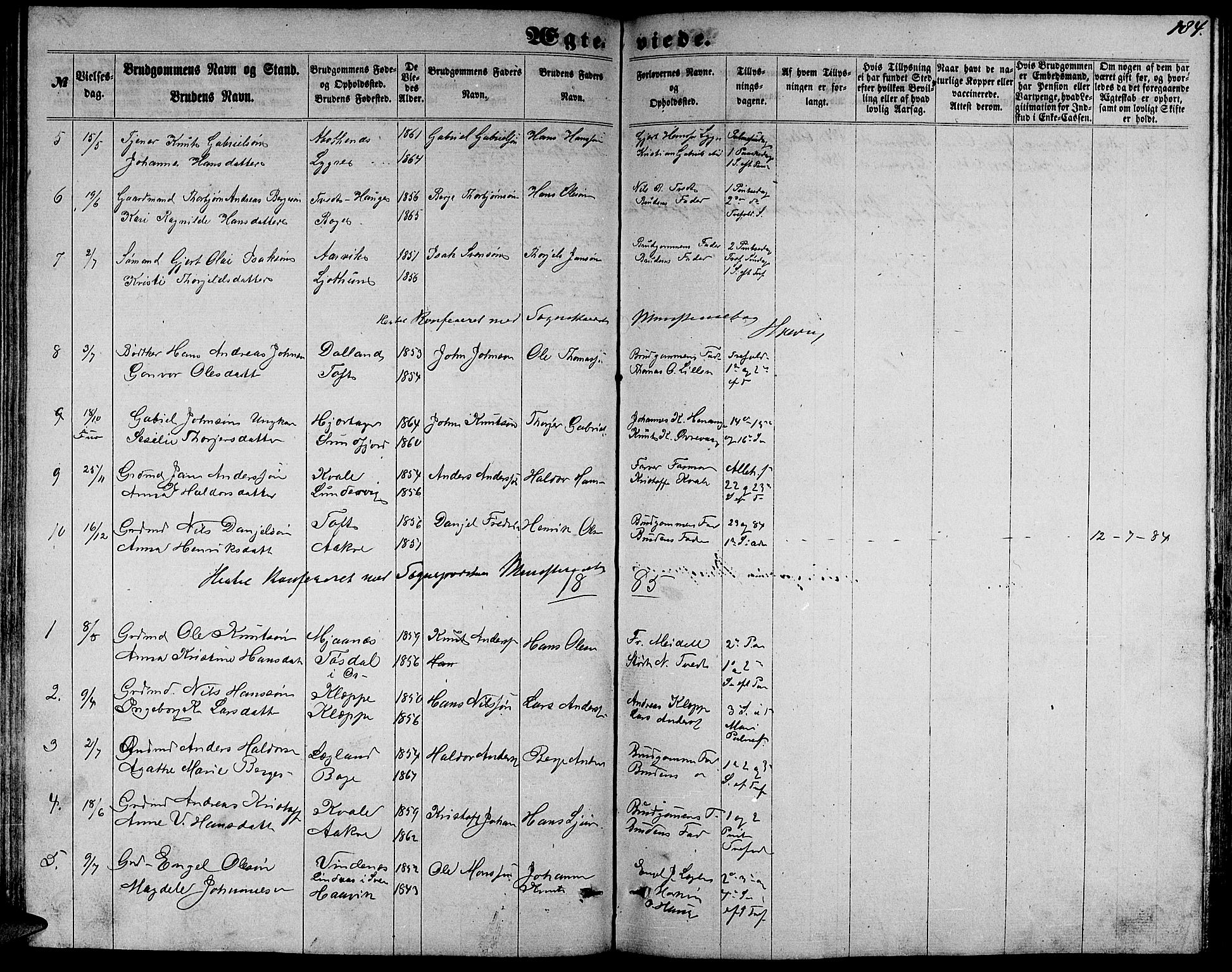 Fusa sokneprestembete, SAB/A-75401/H/Hab: Parish register (copy) no. C 1, 1861-1885, p. 184