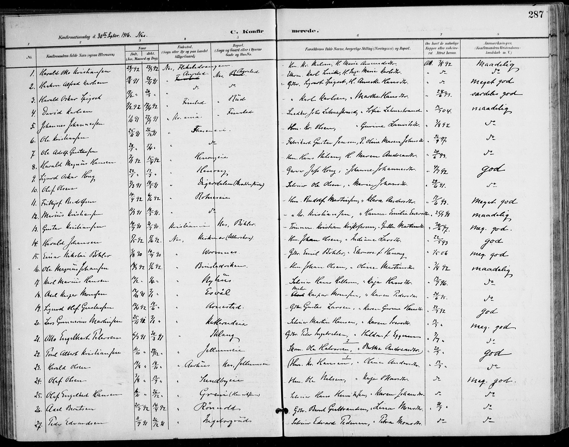 Nes prestekontor Kirkebøker, AV/SAO-A-10410/F/Fa/L0011: Parish register (official) no. I 11, 1899-1918, p. 287