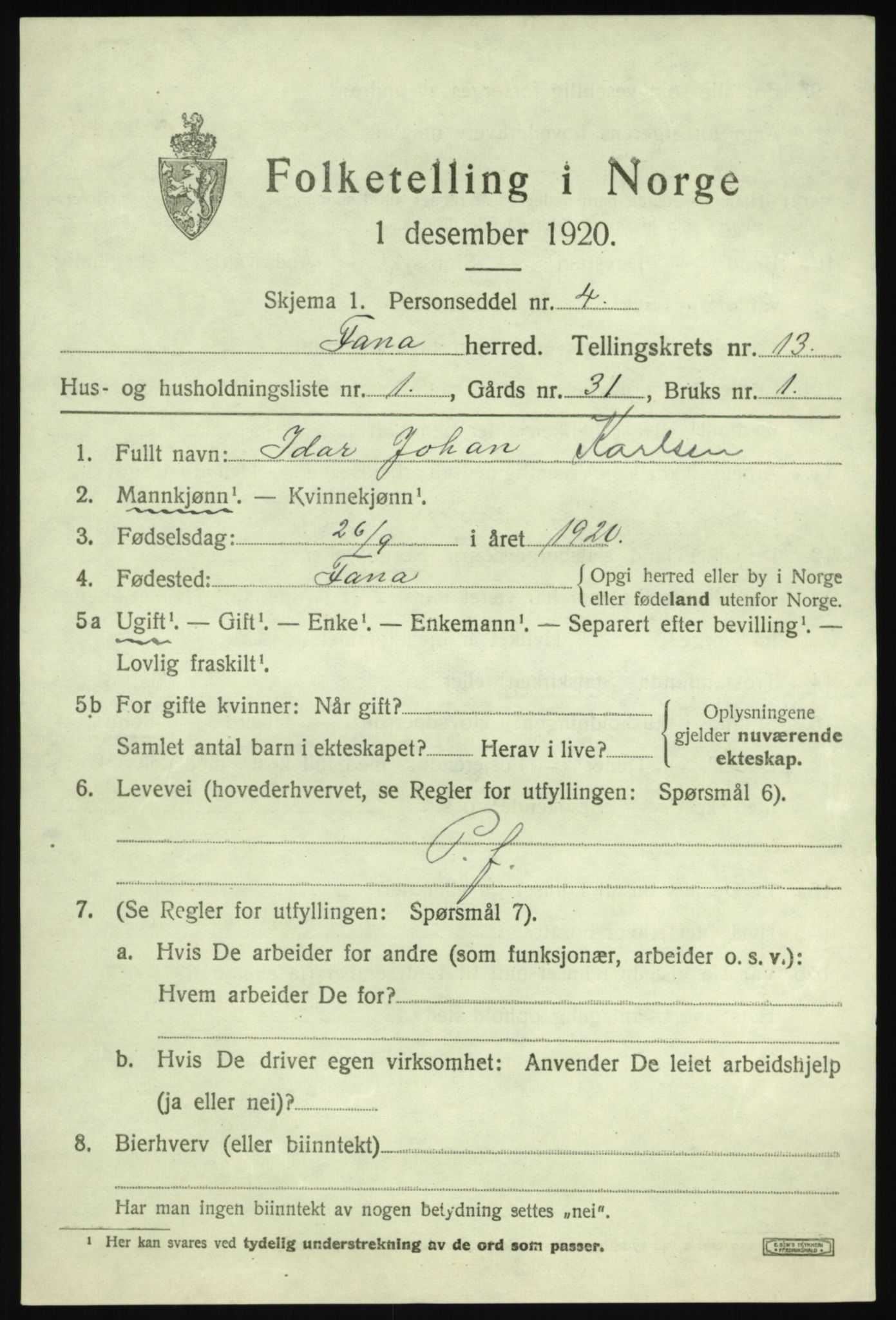 SAB, 1920 census for Fana, 1920, p. 19725