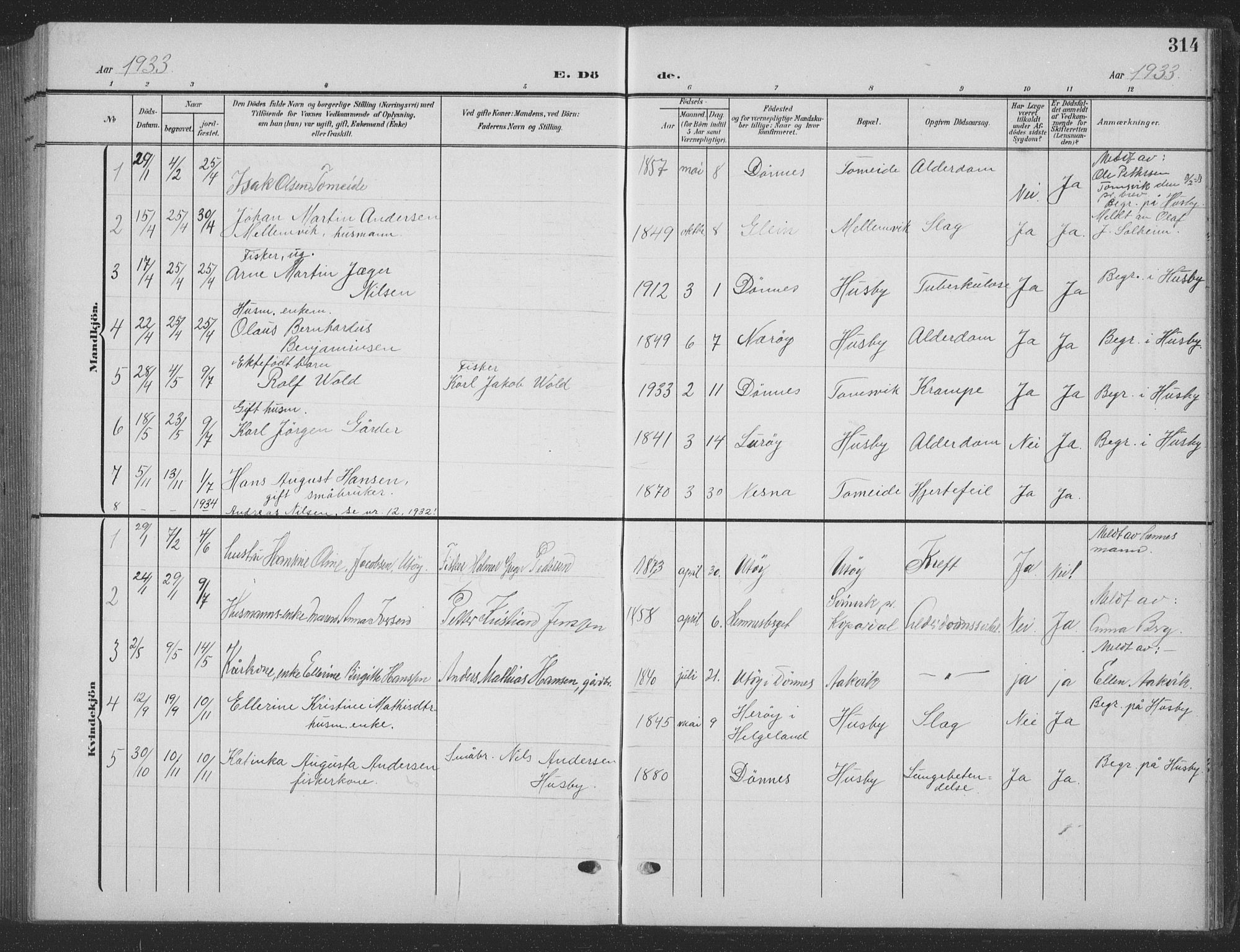 Ministerialprotokoller, klokkerbøker og fødselsregistre - Nordland, AV/SAT-A-1459/835/L0533: Parish register (copy) no. 835C05, 1906-1939, p. 314