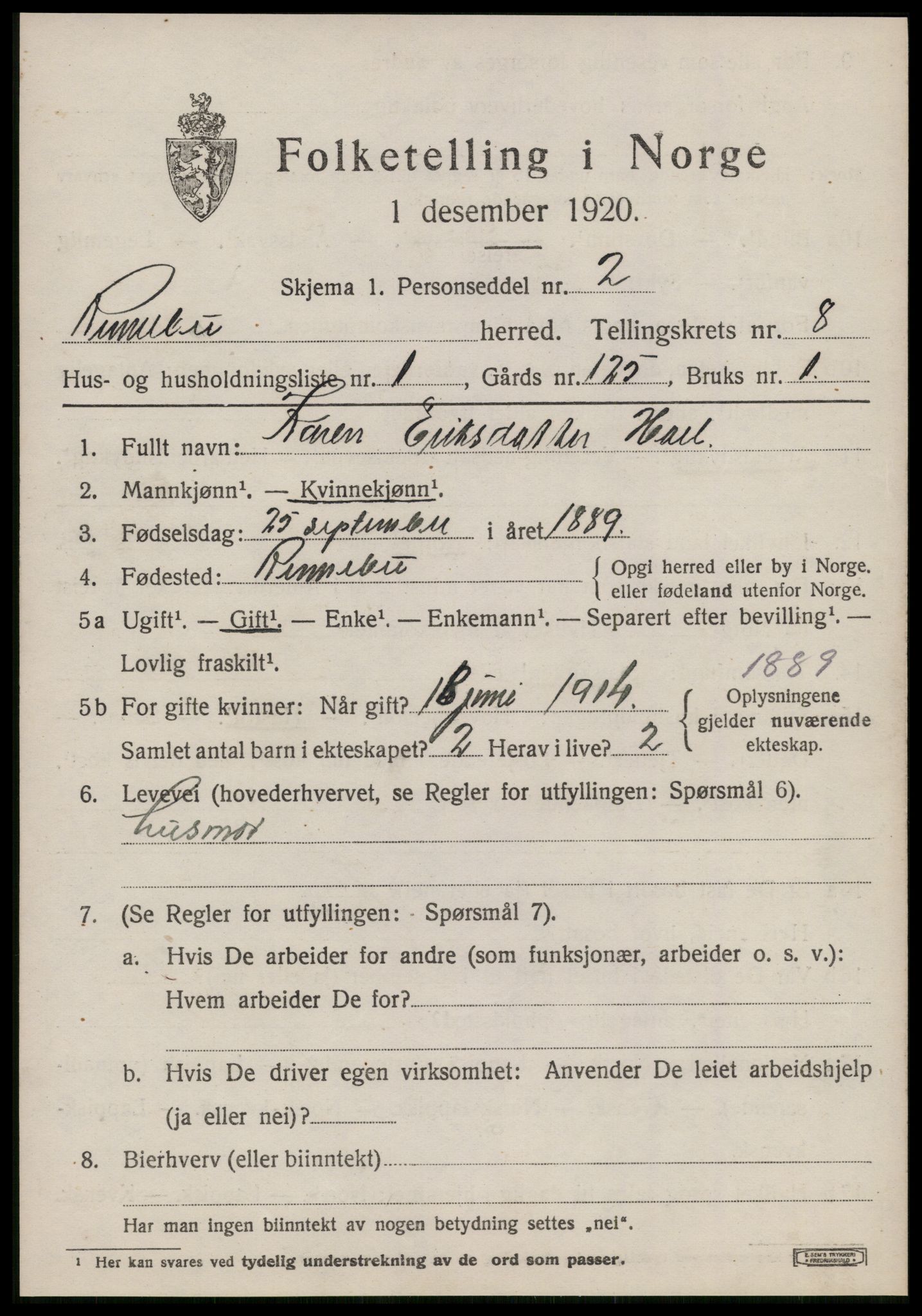 SAT, 1920 census for Rennebu, 1920, p. 5236