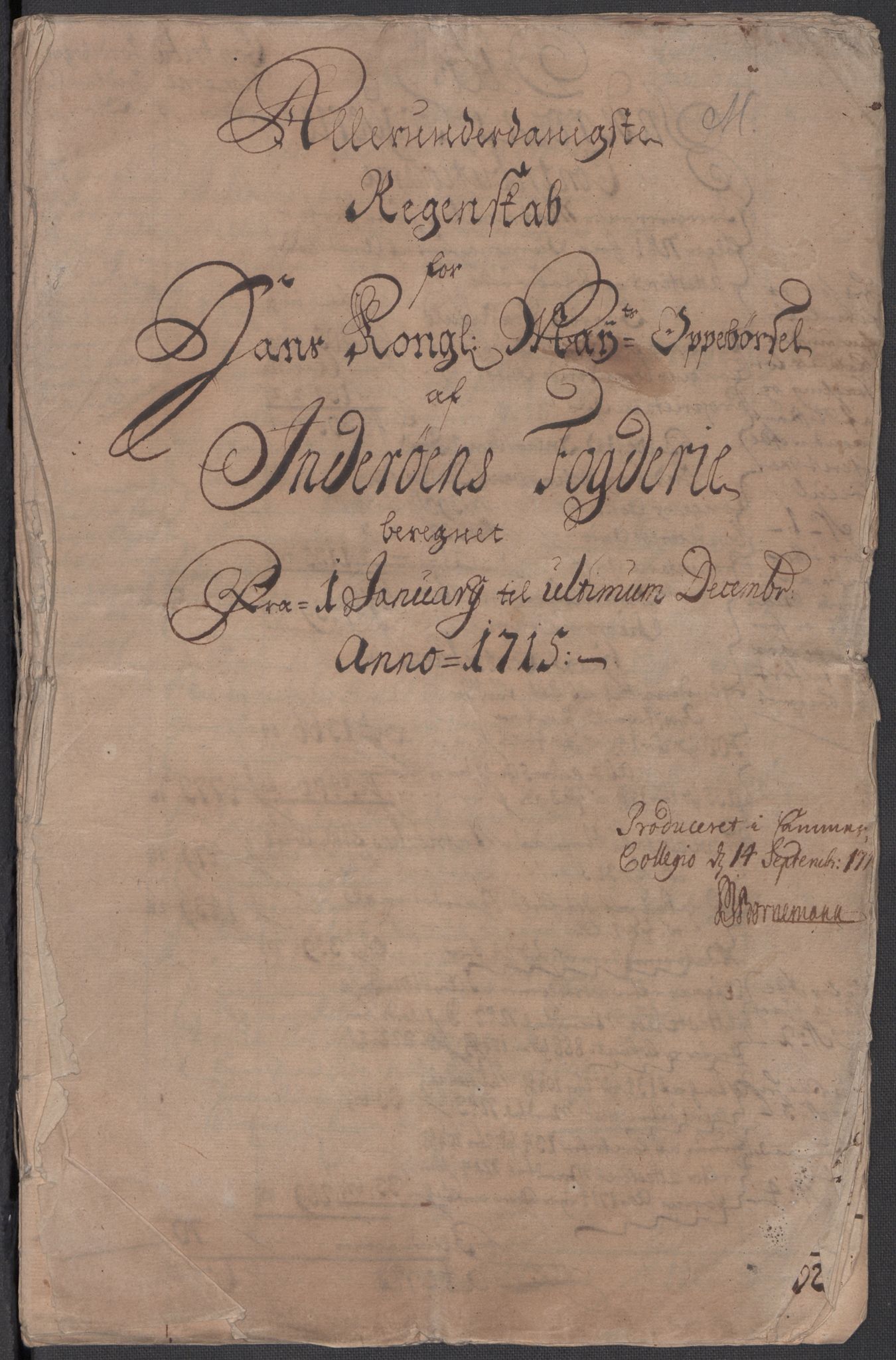 Rentekammeret inntil 1814, Reviderte regnskaper, Fogderegnskap, RA/EA-4092/R63/L4323: Fogderegnskap Inderøy, 1715, p. 3