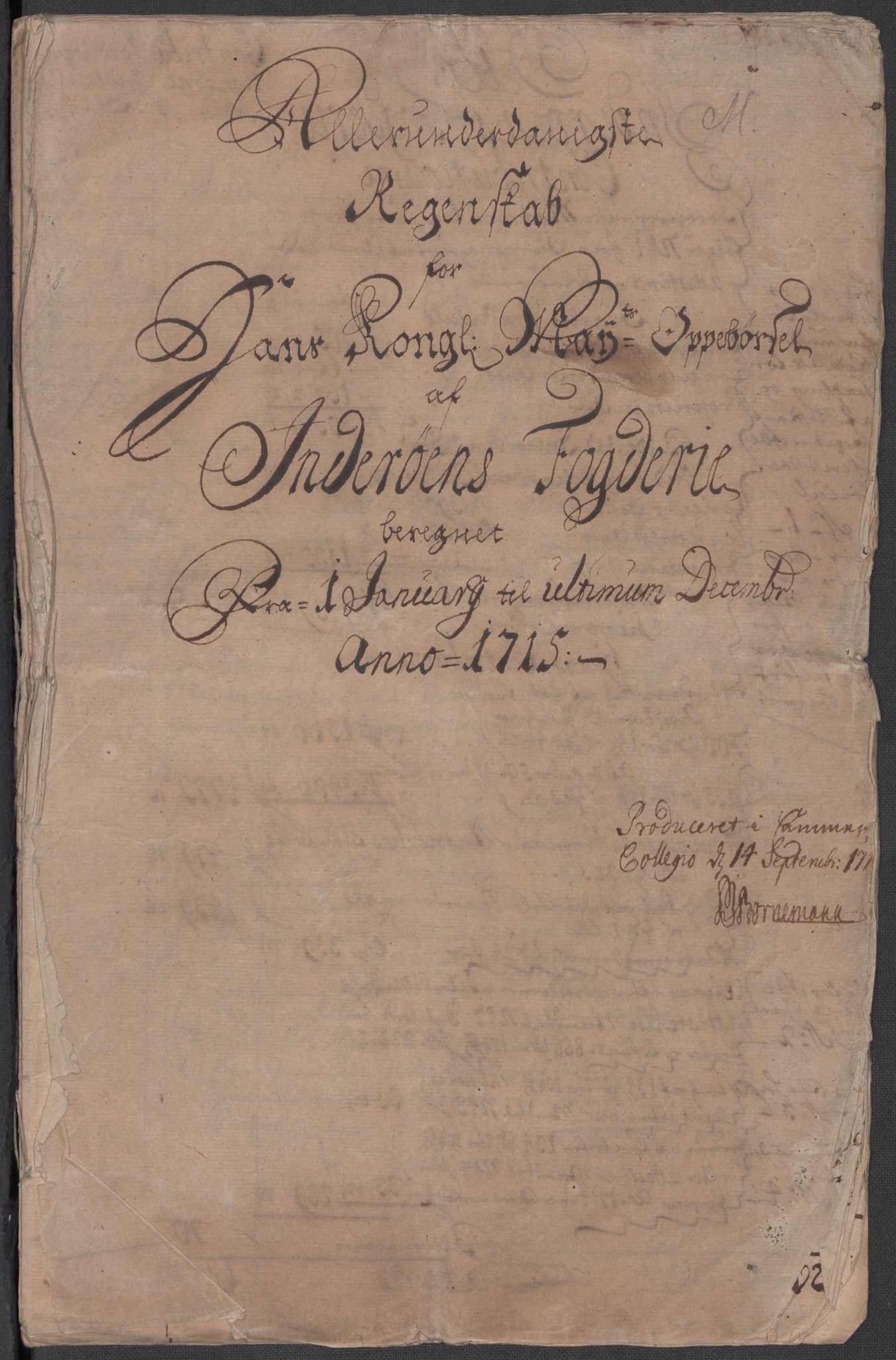 Rentekammeret inntil 1814, Reviderte regnskaper, Fogderegnskap, AV/RA-EA-4092/R63/L4323: Fogderegnskap Inderøy, 1715, p. 3