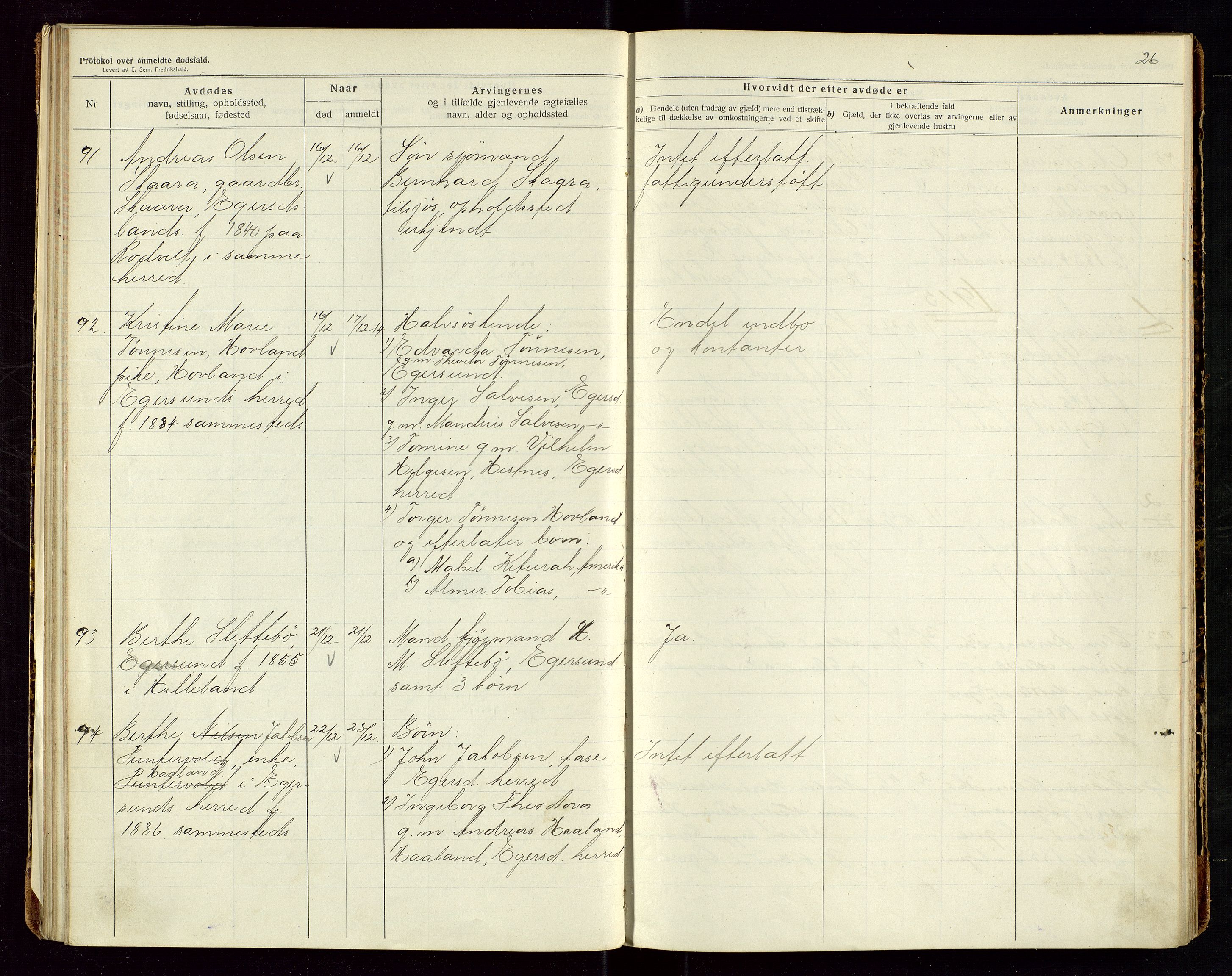 Eigersund lensmannskontor, SAST/A-100171/Gga/L0006: "Protokol over anmeldte dødsfald" m/alfabetisk navneregister, 1914-1917, p. 26