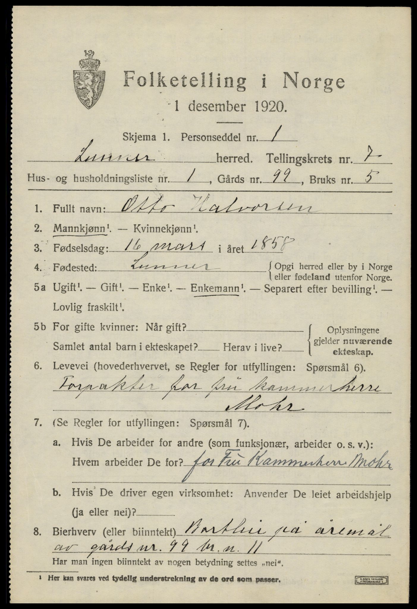 SAH, 1920 census for Lunner, 1920, p. 8631