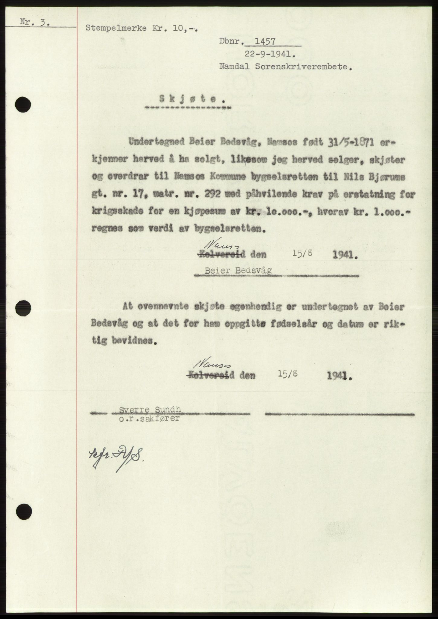 Namdal sorenskriveri, SAT/A-4133/1/2/2C: Mortgage book no. -, 1941-1942, Diary no: : 1457/1941