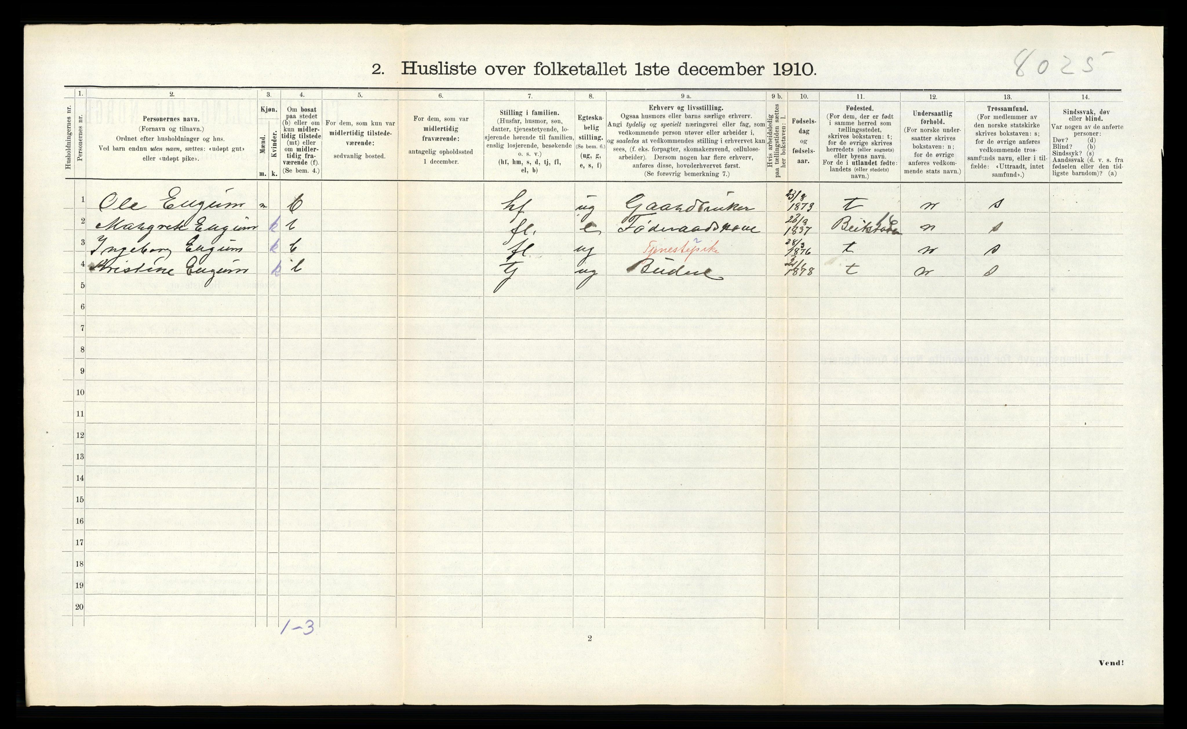 RA, 1910 census for Kvam, 1910, p. 438