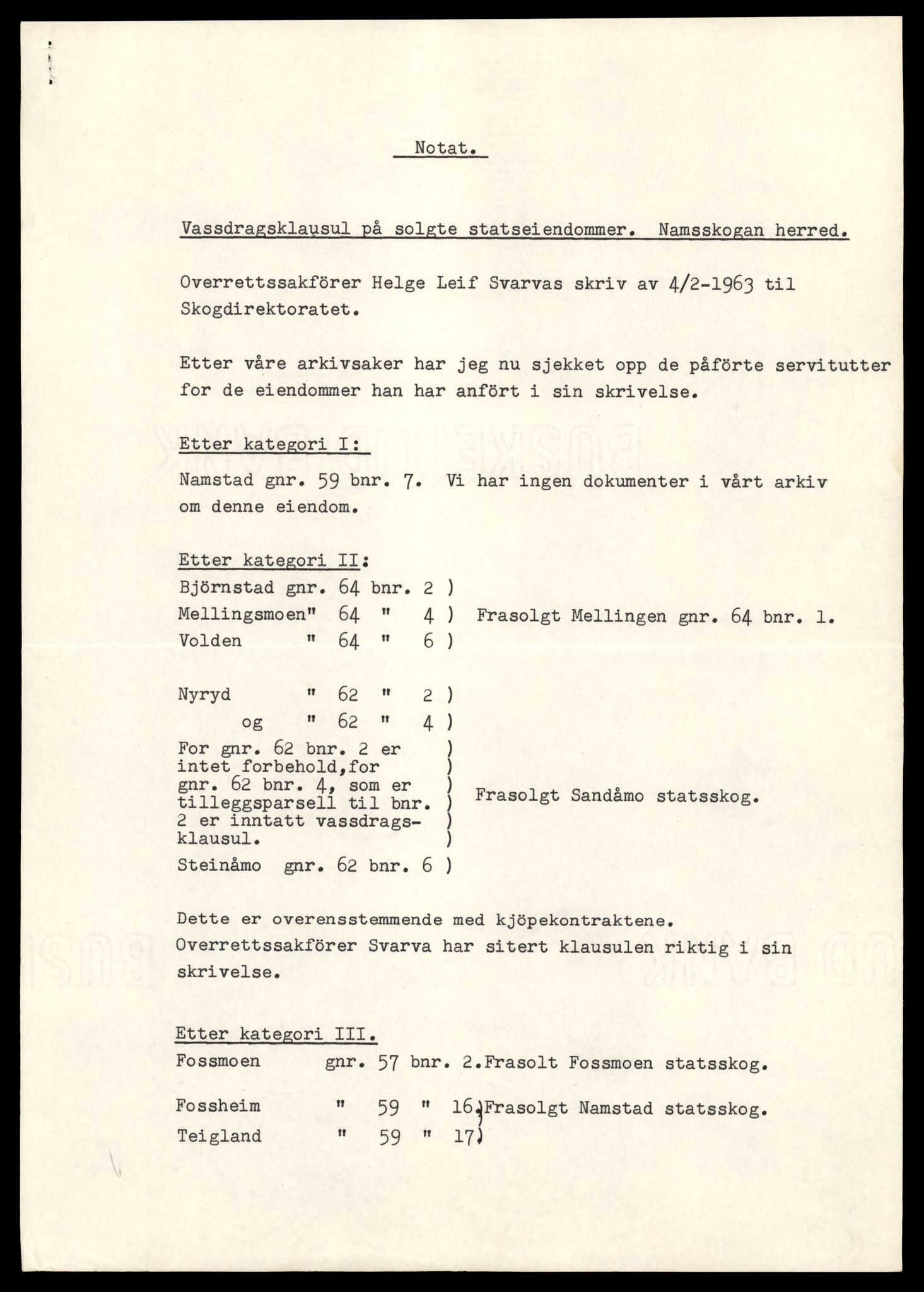 Statskog Trøndelag / Møre, AV/SAT-A-4532/1/D/Da/L0336/0007: Sakarkiv / Vassdragsreguleringer m.m. - Kraftverkene Øvre Namsen, diverse (grunnerstatninger), 1957-1963, p. 28