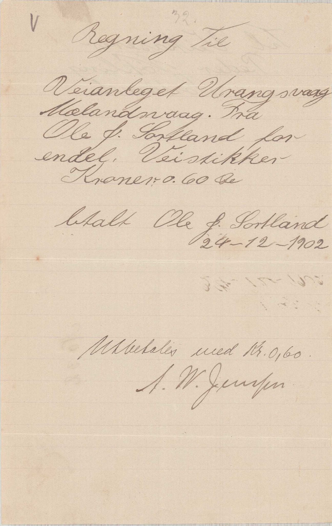 Finnaas kommune. Formannskapet, IKAH/1218a-021/E/Ea/L0002/0002: Rekneskap for veganlegg / Rekneskap for veganlegget Urangsvåg - Mælandsvåg, 1901-1903, p. 97