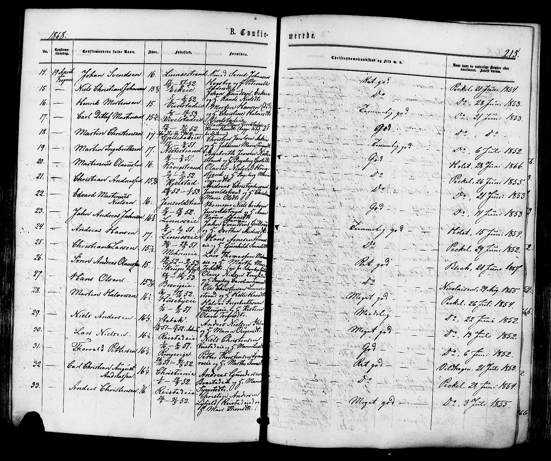 Lier kirkebøker, AV/SAKO-A-230/F/Fa/L0013: Parish register (official) no. I 13, 1865-1874, p. 215