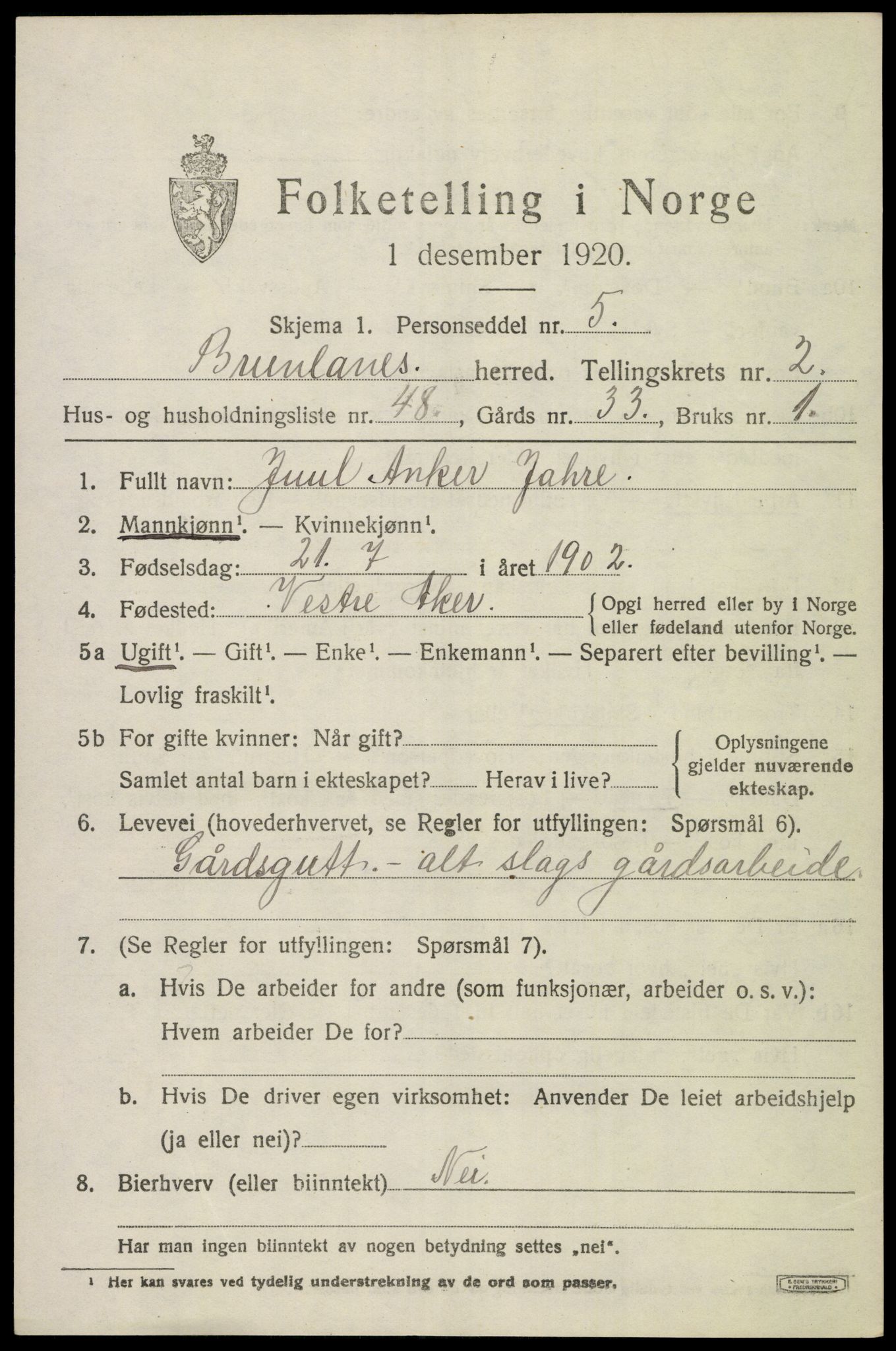 SAKO, 1920 census for Brunlanes, 1920, p. 3809