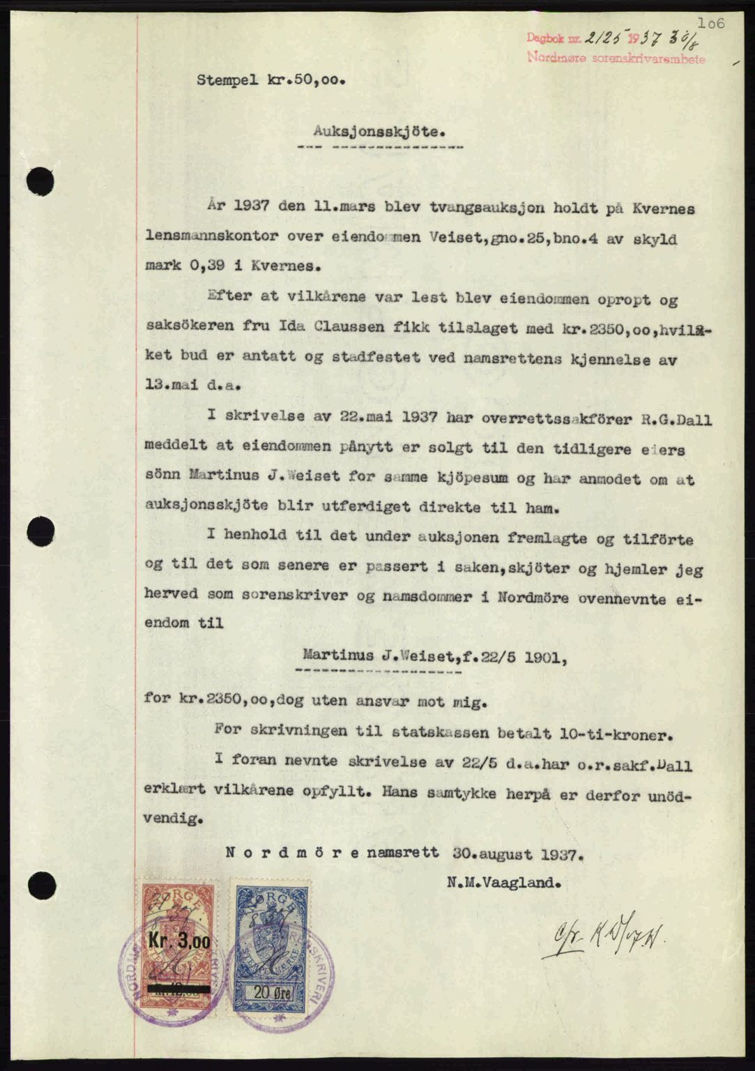 Nordmøre sorenskriveri, SAT/A-4132/1/2/2Ca: Mortgage book no. A82, 1937-1938, Diary no: : 2125/1937