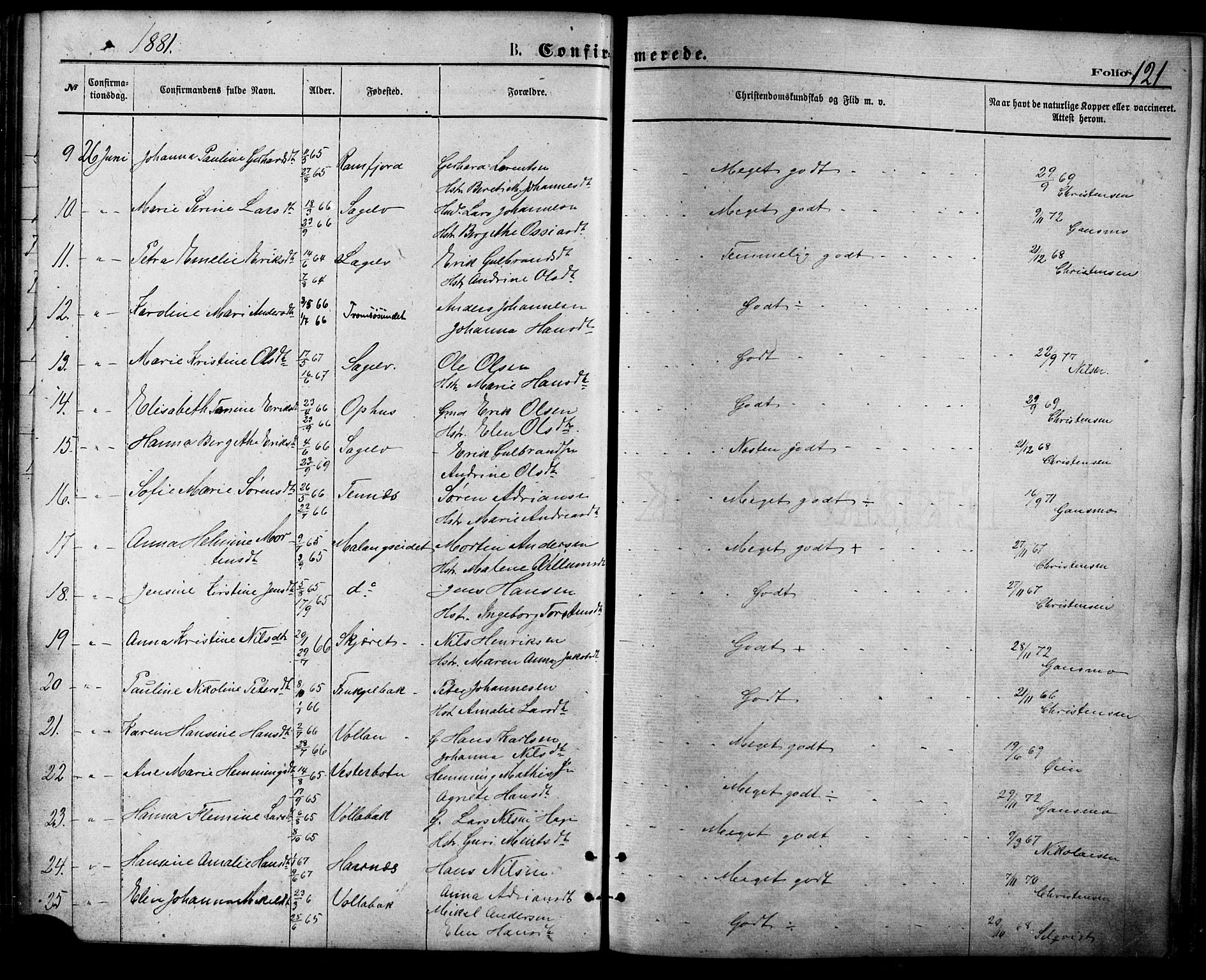 Balsfjord sokneprestembete, AV/SATØ-S-1303/G/Gaa/L0004kirke: Parish register (official) no. 4, 1871-1883, p. 121