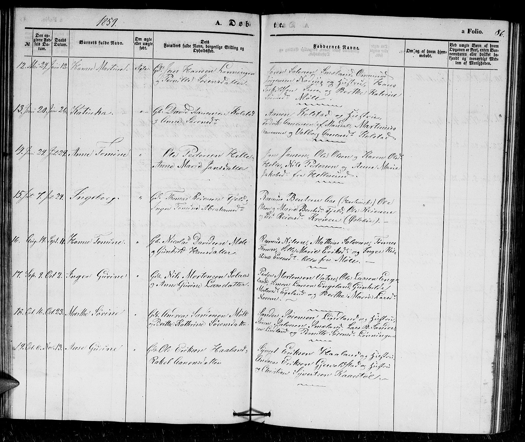 Holum sokneprestkontor, AV/SAK-1111-0022/F/Fb/Fba/L0003: Parish register (copy) no. B 3, 1850-1866, p. 86