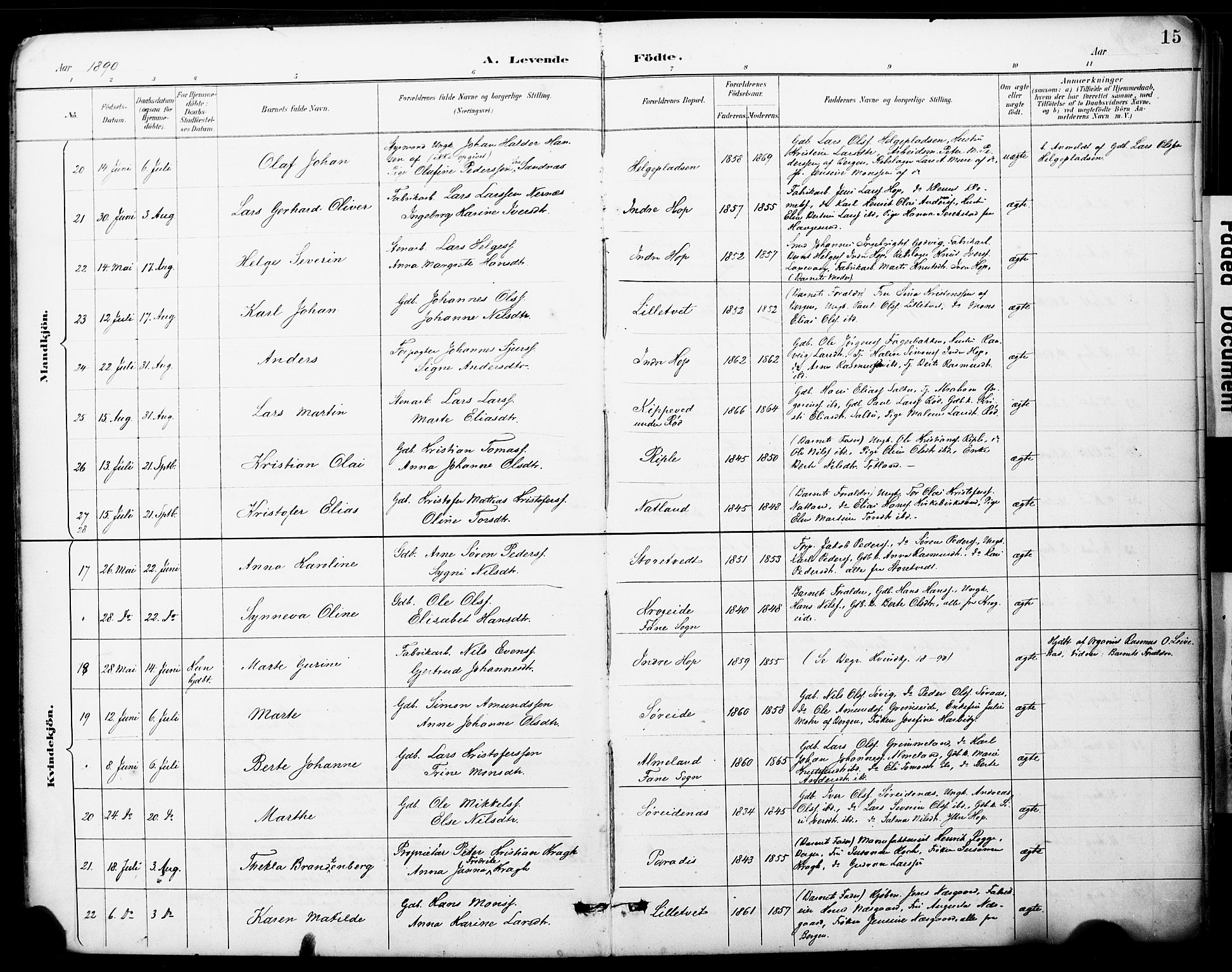 Fana Sokneprestembete, AV/SAB-A-75101/H/Haa/Haai/L0002: Parish register (official) no. I 2, 1888-1899, p. 15