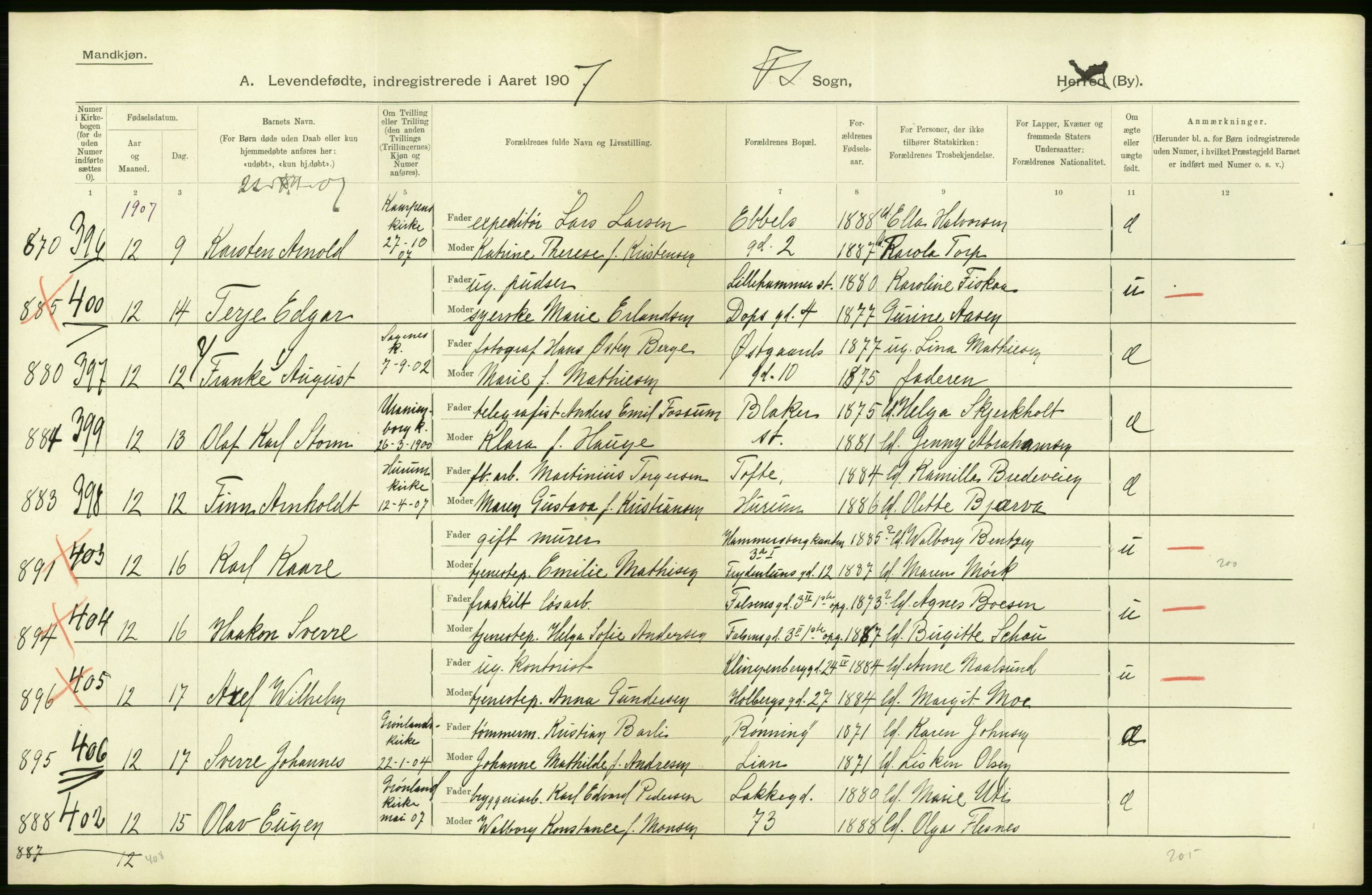 Statistisk sentralbyrå, Sosiodemografiske emner, Befolkning, AV/RA-S-2228/D/Df/Dfa/Dfae/L0007: Kristiania: Levendefødte menn og kvinner., 1907, p. 6