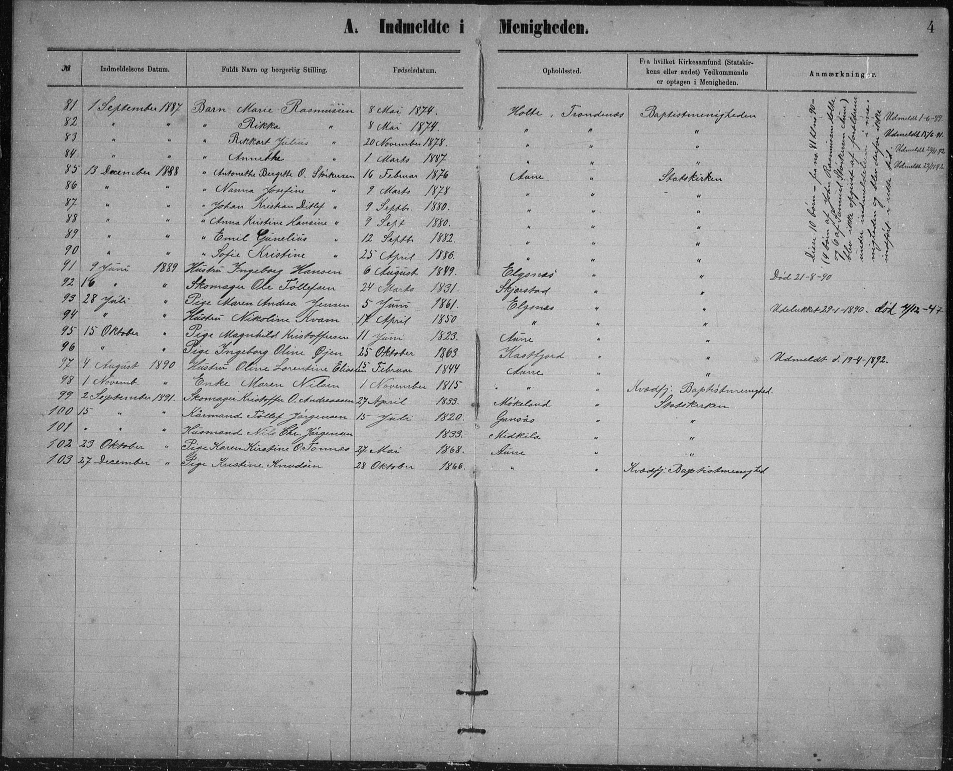Aune baptistmenighet, SATØ/P-0182/F/L0005DP: Dissenter register no. 5, 1887-1892, p. 4