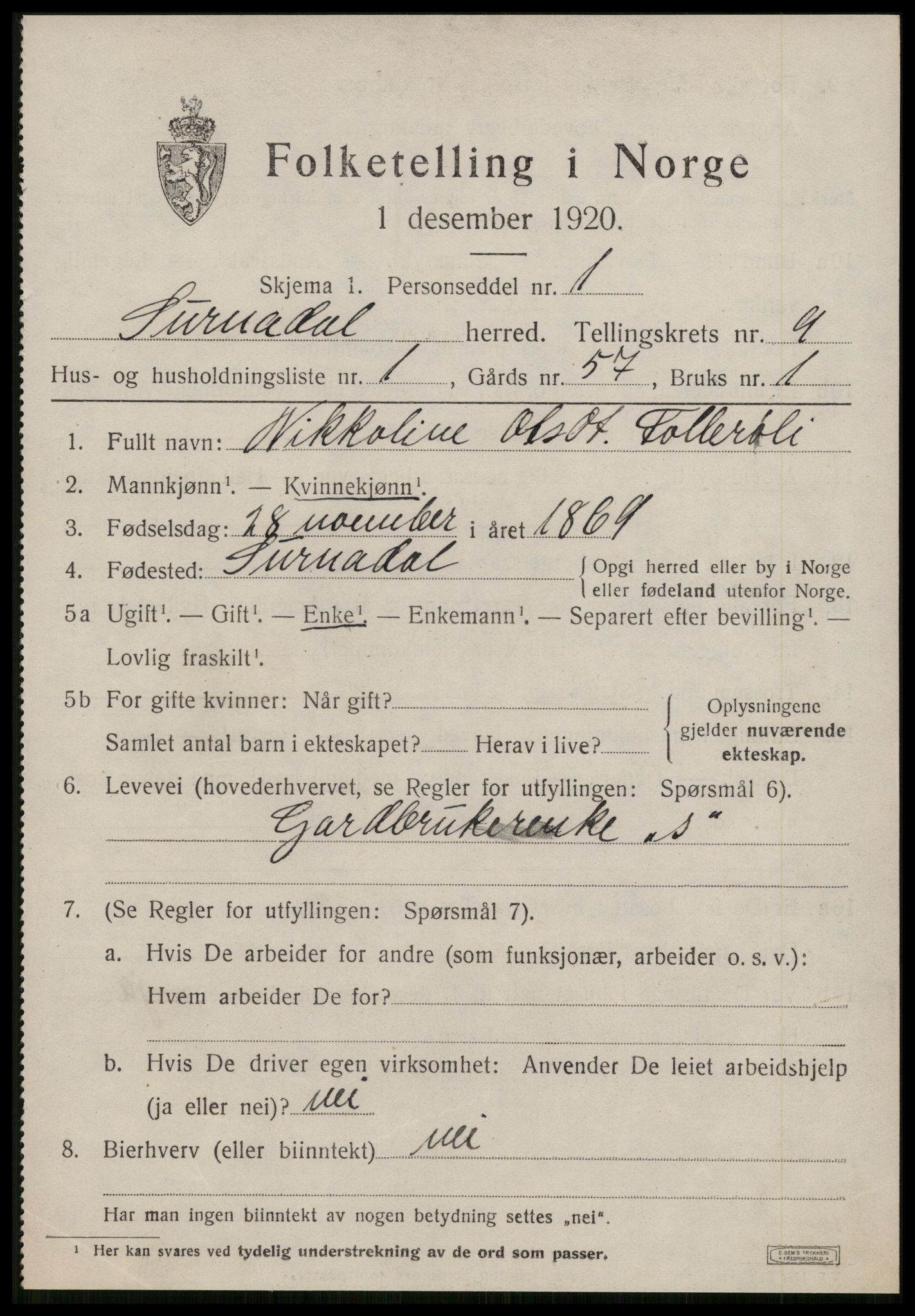 SAT, 1920 census for Surnadal, 1920, p. 6357