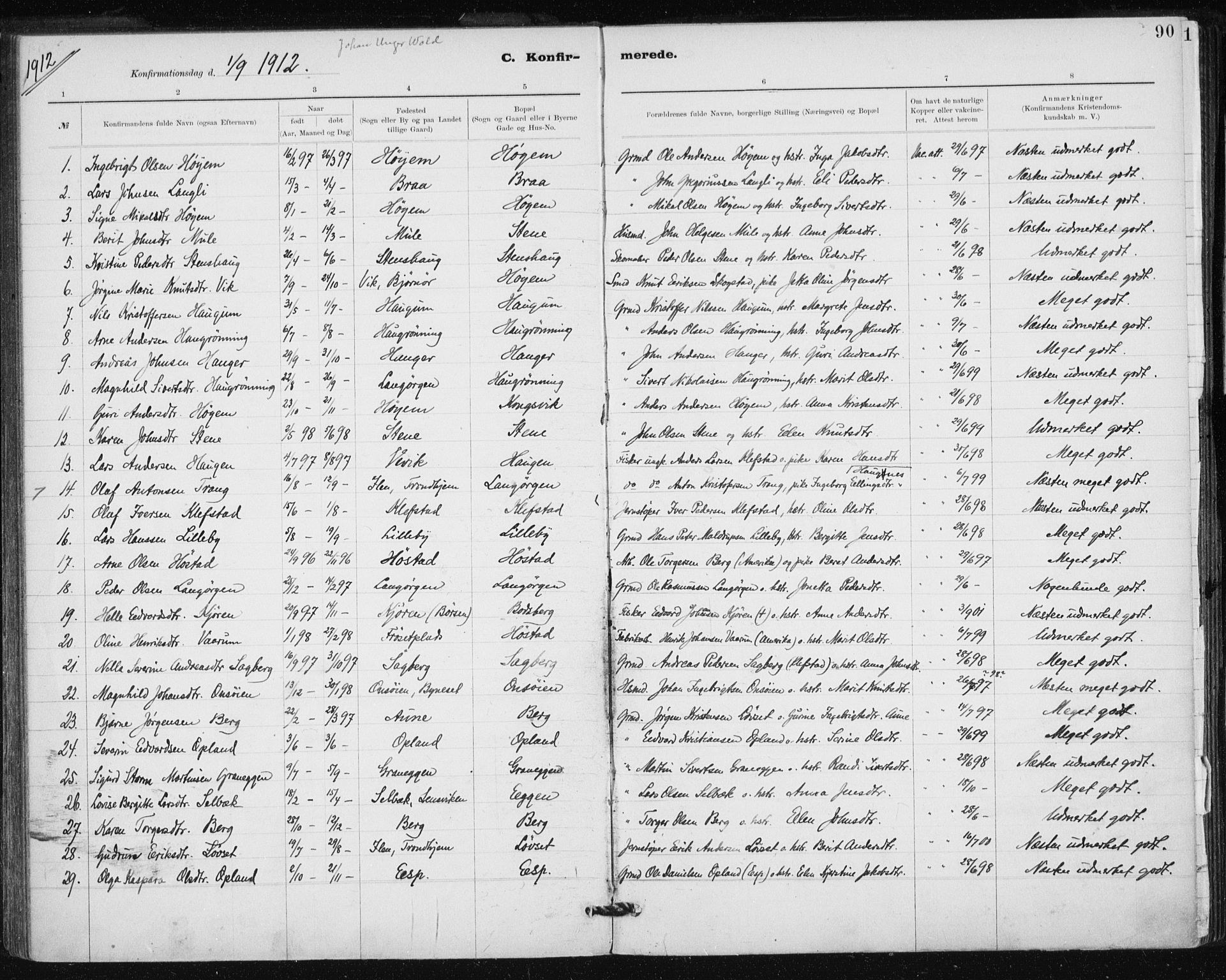Ministerialprotokoller, klokkerbøker og fødselsregistre - Sør-Trøndelag, AV/SAT-A-1456/612/L0381: Parish register (official) no. 612A13, 1907-1923, p. 90