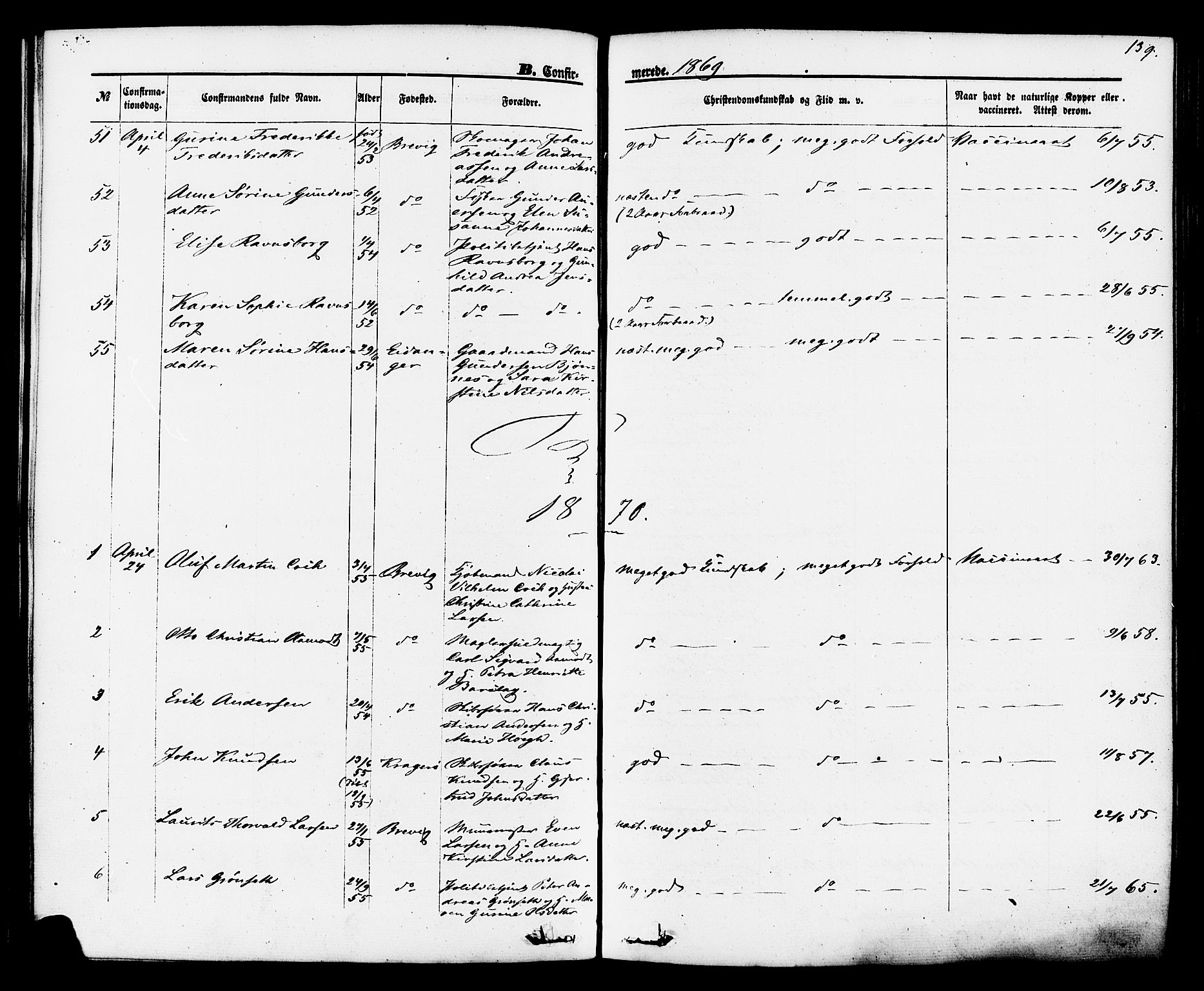Brevik kirkebøker, SAKO/A-255/F/Fa/L0006: Parish register (official) no. 6, 1866-1881, p. 139