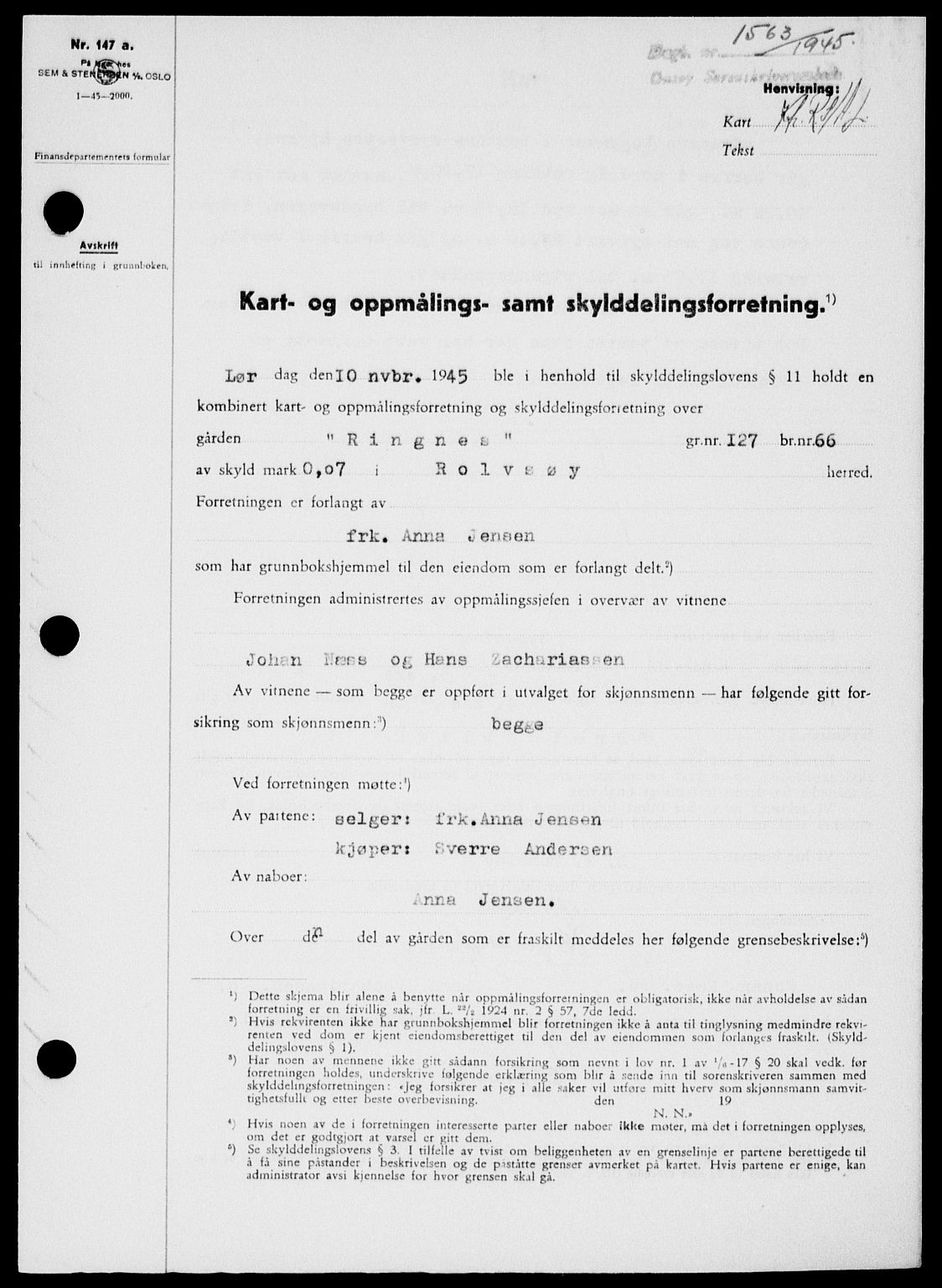 Onsøy sorenskriveri, SAO/A-10474/G/Ga/Gab/L0015: Mortgage book no. II A-15, 1945-1946, Diary no: : 1563/1945
