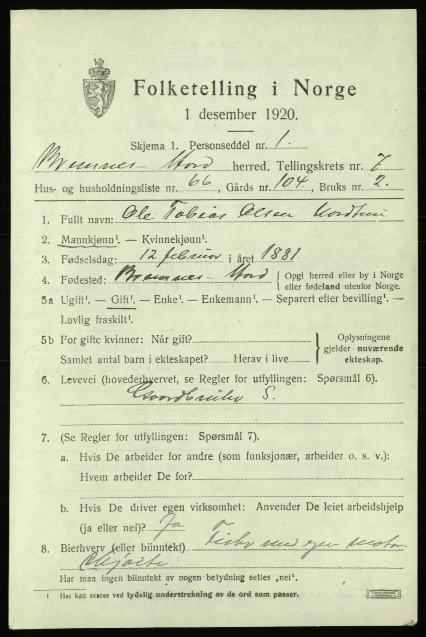 SAB, 1920 census for Bremnes, 1920, p. 4884