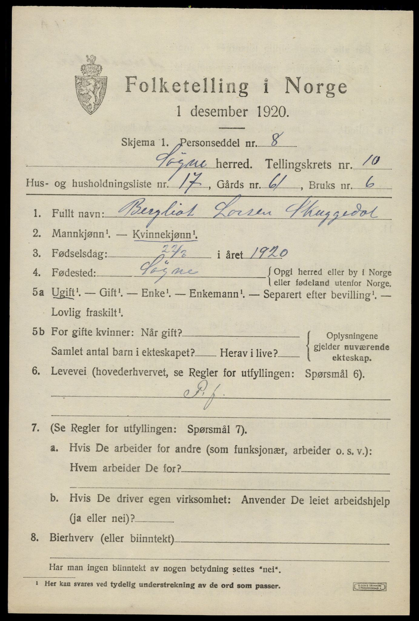 SAK, 1920 census for Søgne, 1920, p. 5597