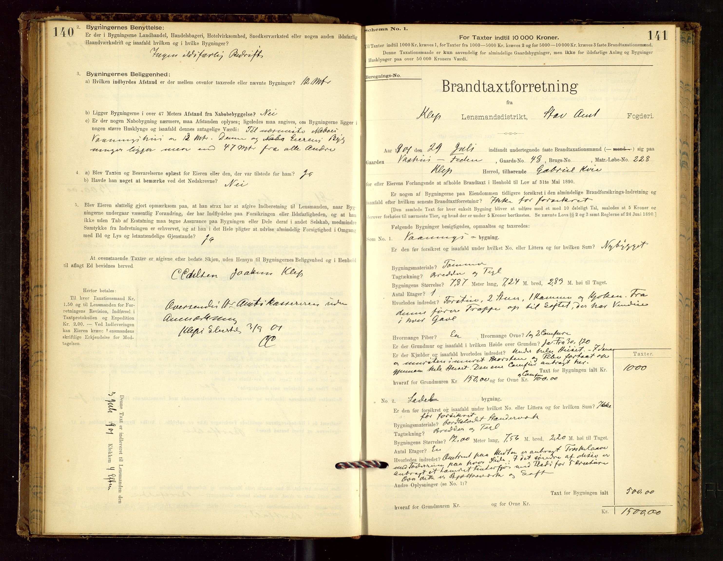 Klepp lensmannskontor, AV/SAST-A-100163/Goc/L0002: "Brandtaxationsprotokol" m/register, 1898-1902, p. 140-141