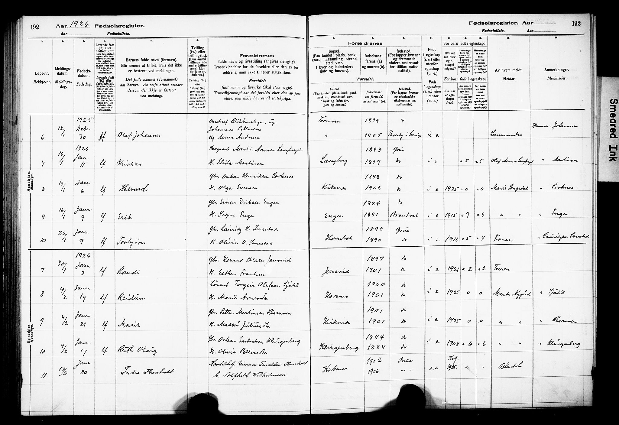 Grue prestekontor, AV/SAH-PREST-036/I/Id/Ida/L0001: Birth register no. I 1, 1916-1926, p. 192