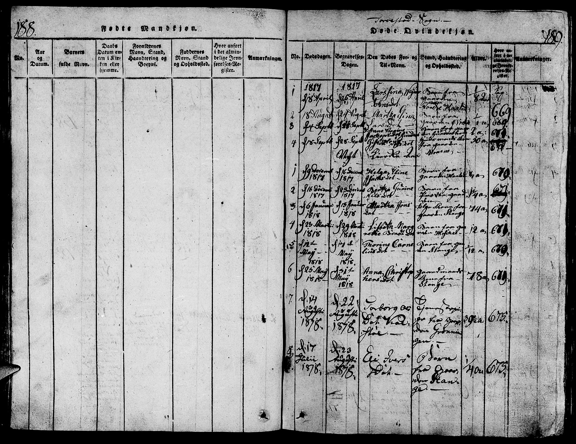 Torvastad sokneprestkontor, SAST/A -101857/H/Ha/Hab/L0001: Parish register (copy) no. B 1 /1, 1817-1835, p. 188-189