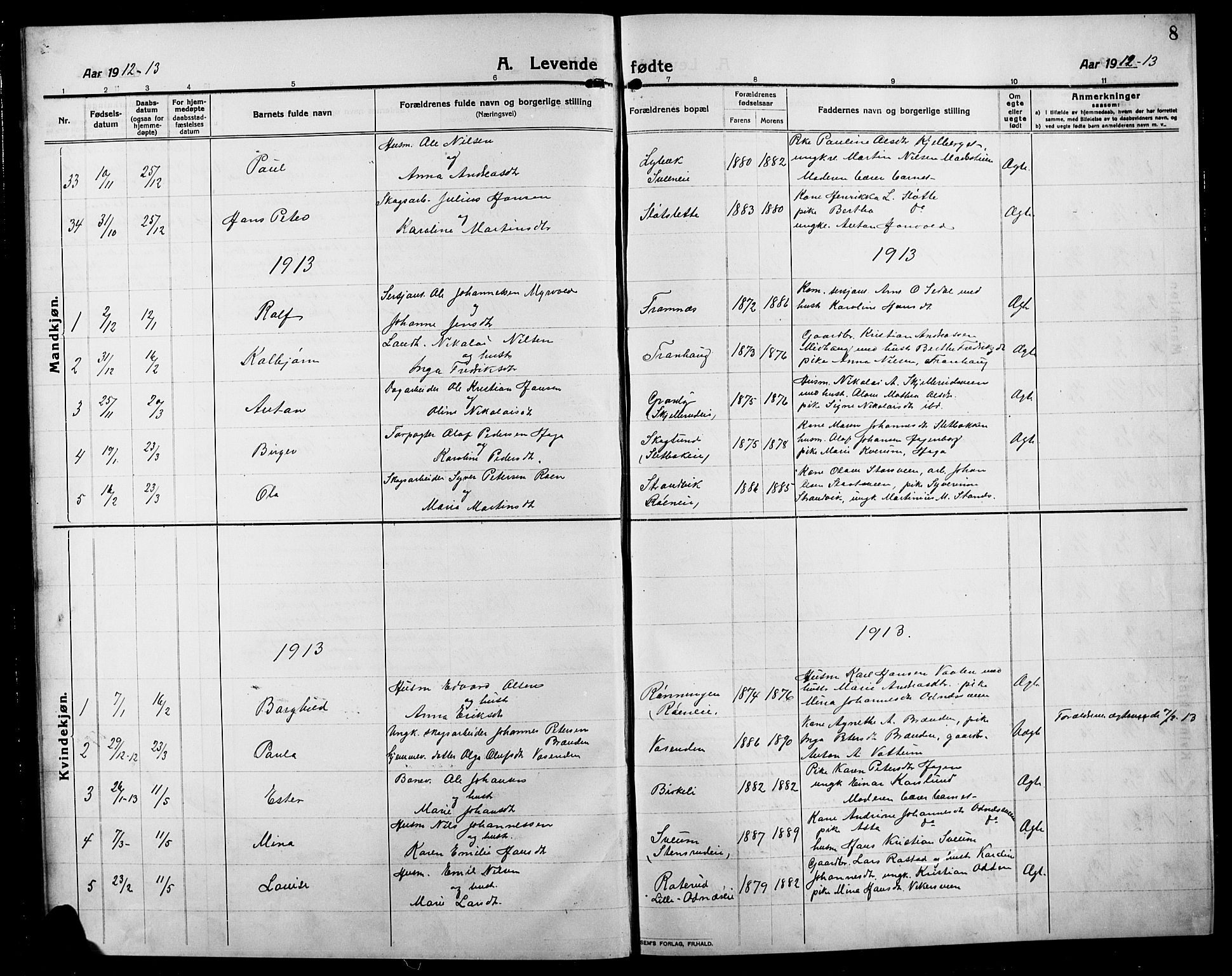 Søndre Land prestekontor, AV/SAH-PREST-122/L/L0006: Parish register (copy) no. 6, 1912-1925, p. 8