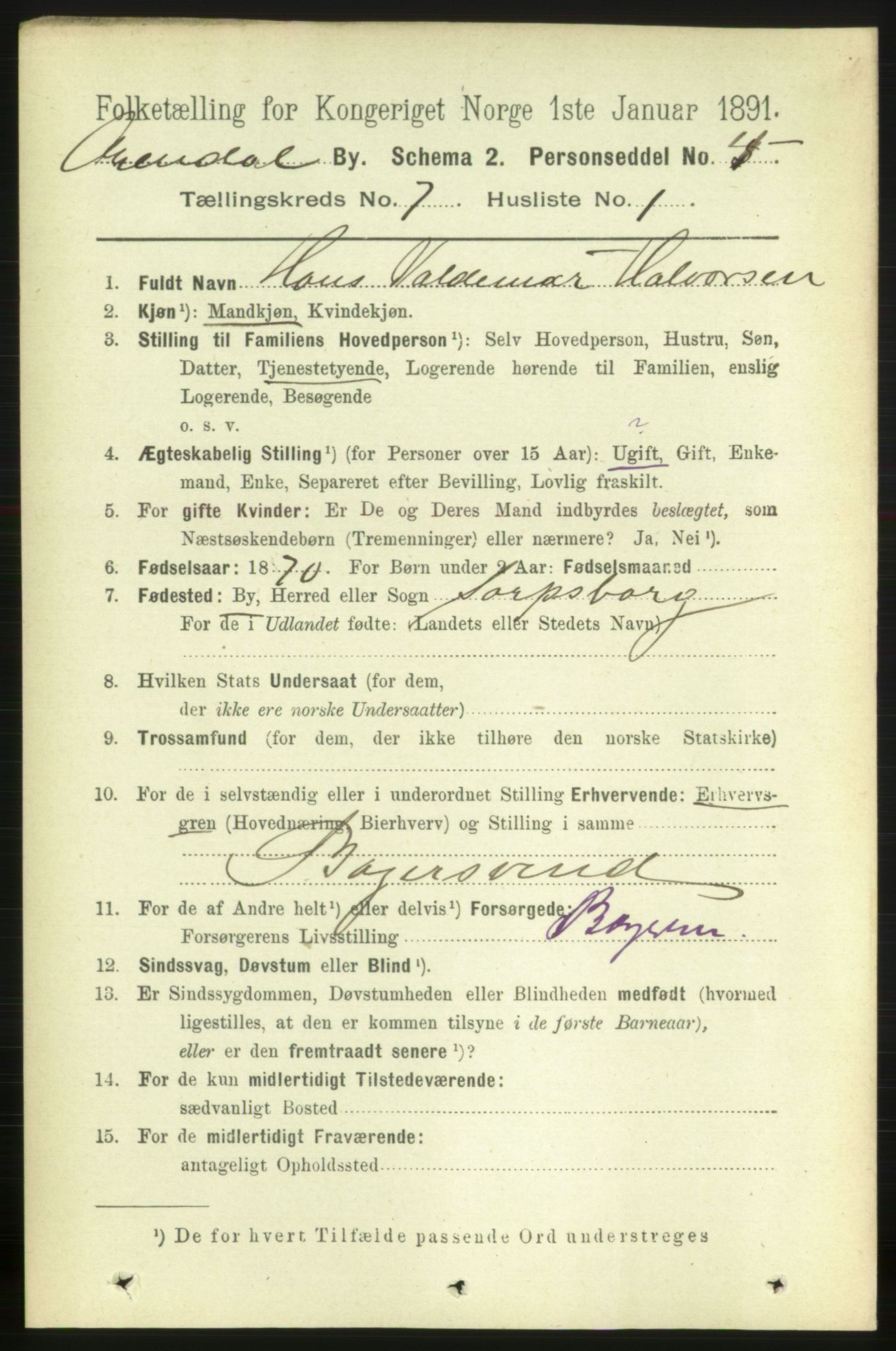 RA, 1891 census for 0903 Arendal, 1891, p. 2531