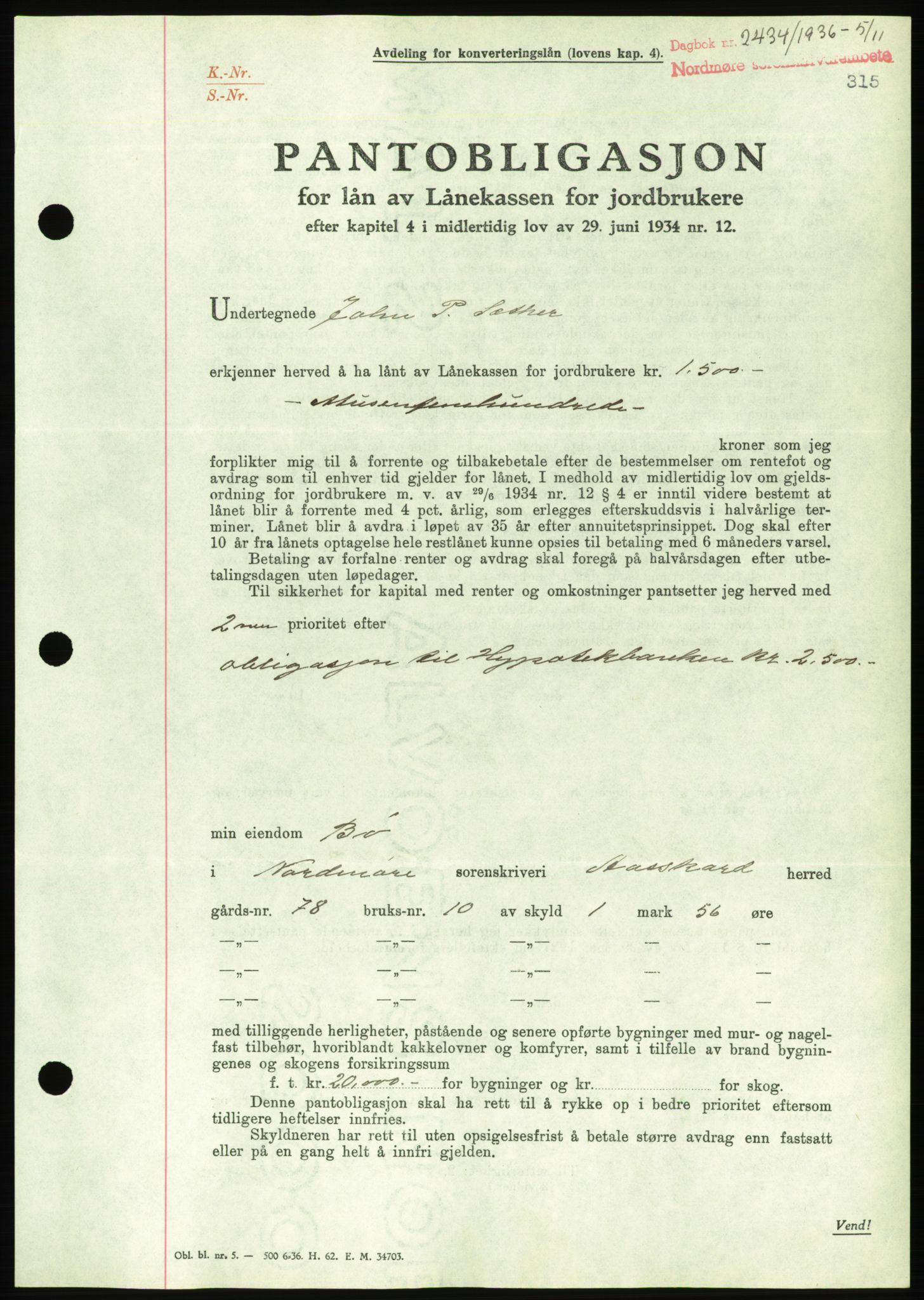 Nordmøre sorenskriveri, AV/SAT-A-4132/1/2/2Ca/L0090: Mortgage book no. B80, 1936-1937, Diary no: : 2434/1936