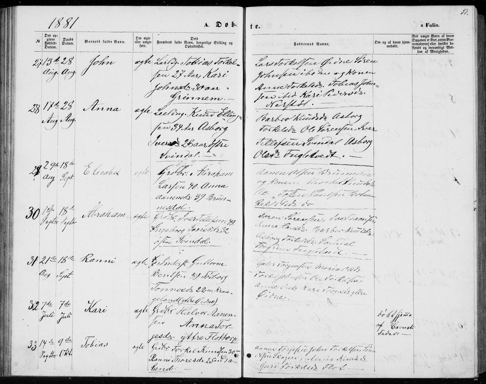 Bjelland sokneprestkontor, AV/SAK-1111-0005/F/Fb/Fbc/L0002: Parish register (copy) no. B 2, 1867-1887, p. 51