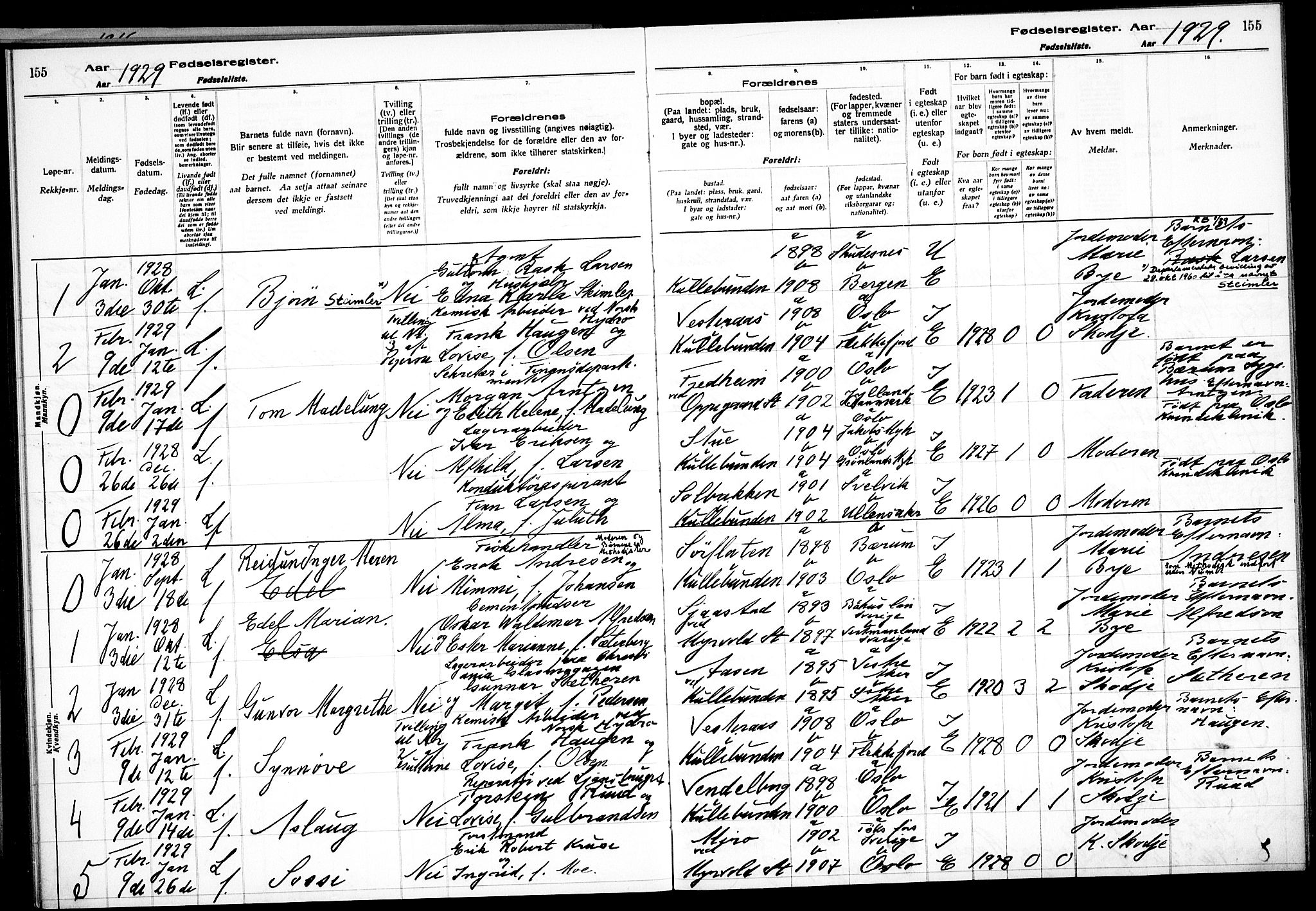 Nesodden prestekontor Kirkebøker, SAO/A-10013/J/Jb/L0001: Birth register no. II 1, 1916-1933, p. 155