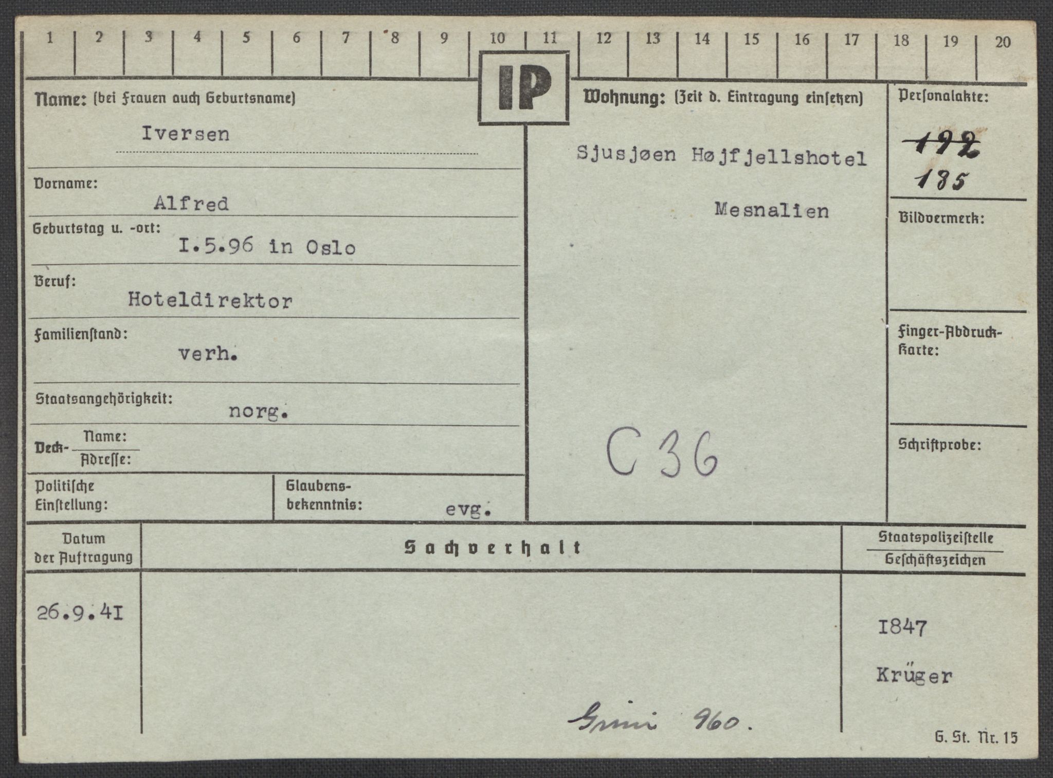 Befehlshaber der Sicherheitspolizei und des SD, RA/RAFA-5969/E/Ea/Eaa/L0005: Register over norske fanger i Møllergata 19: Hø-Kj, 1940-1945, p. 197