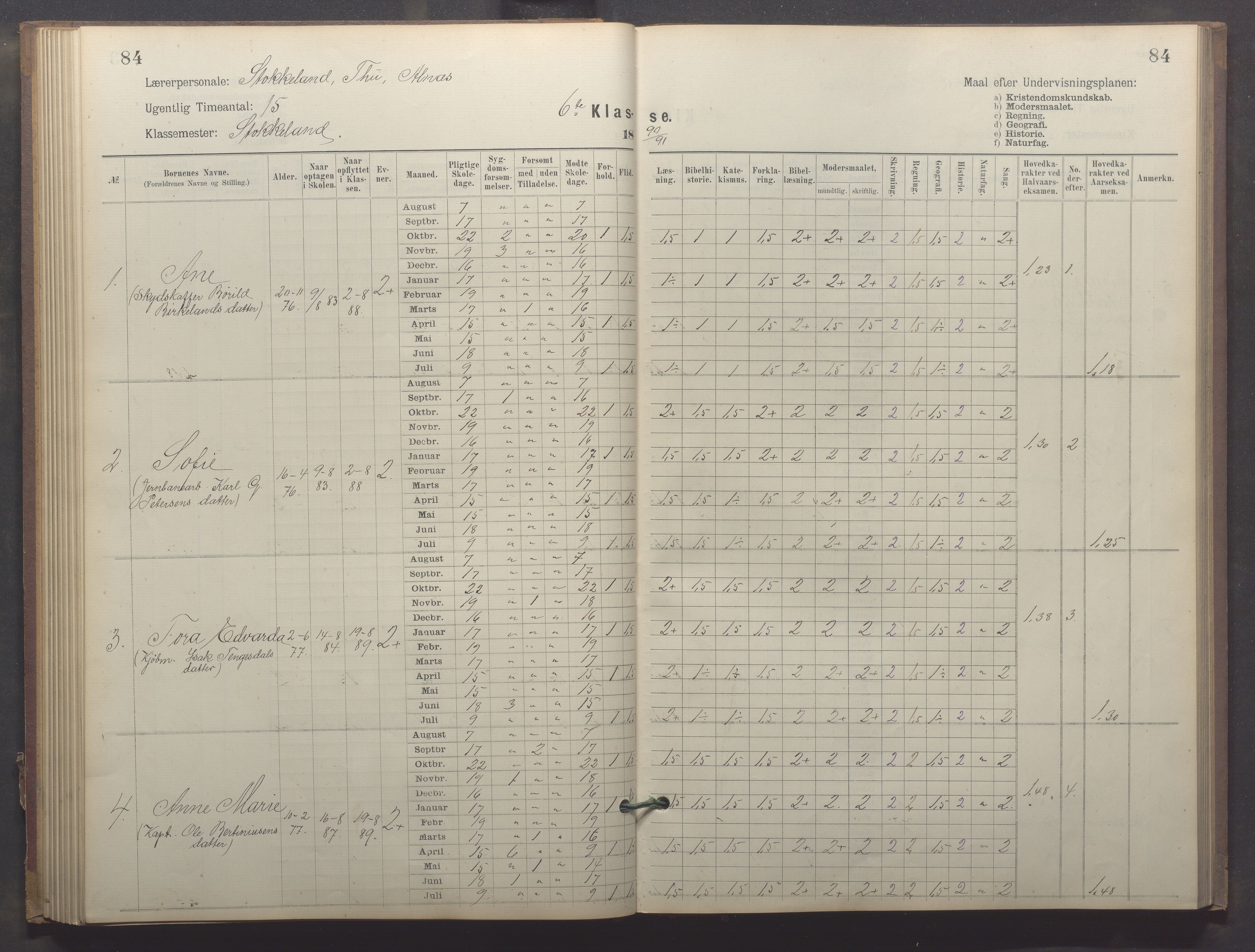 Egersund kommune (Ladested) - Egersund almueskole/folkeskole, IKAR/K-100521/H/L0023: Skoleprotokoll - Almueskolen, 6. klasse, 1886-1892, p. 84