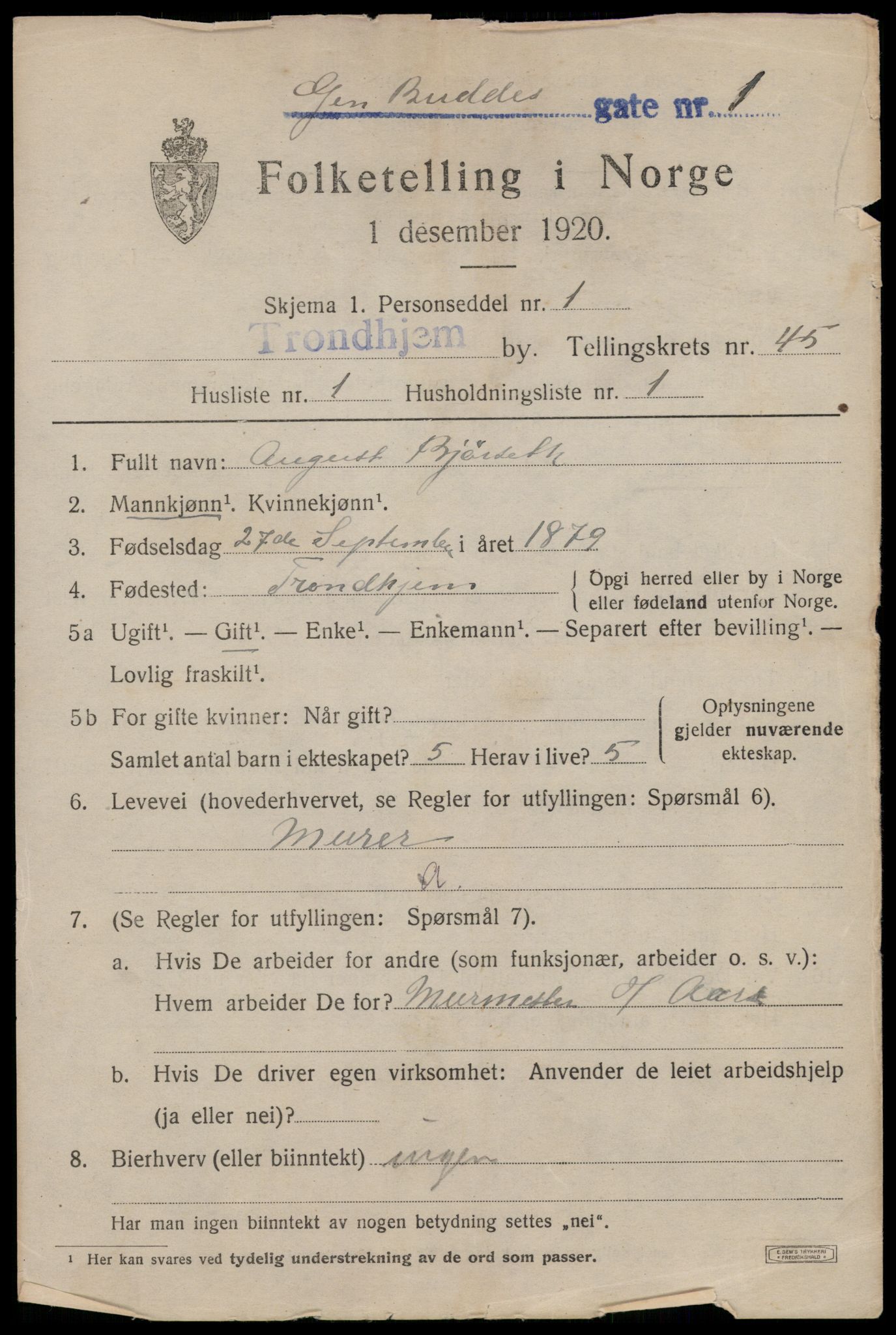 SAT, 1920 census for Trondheim, 1920, p. 96250