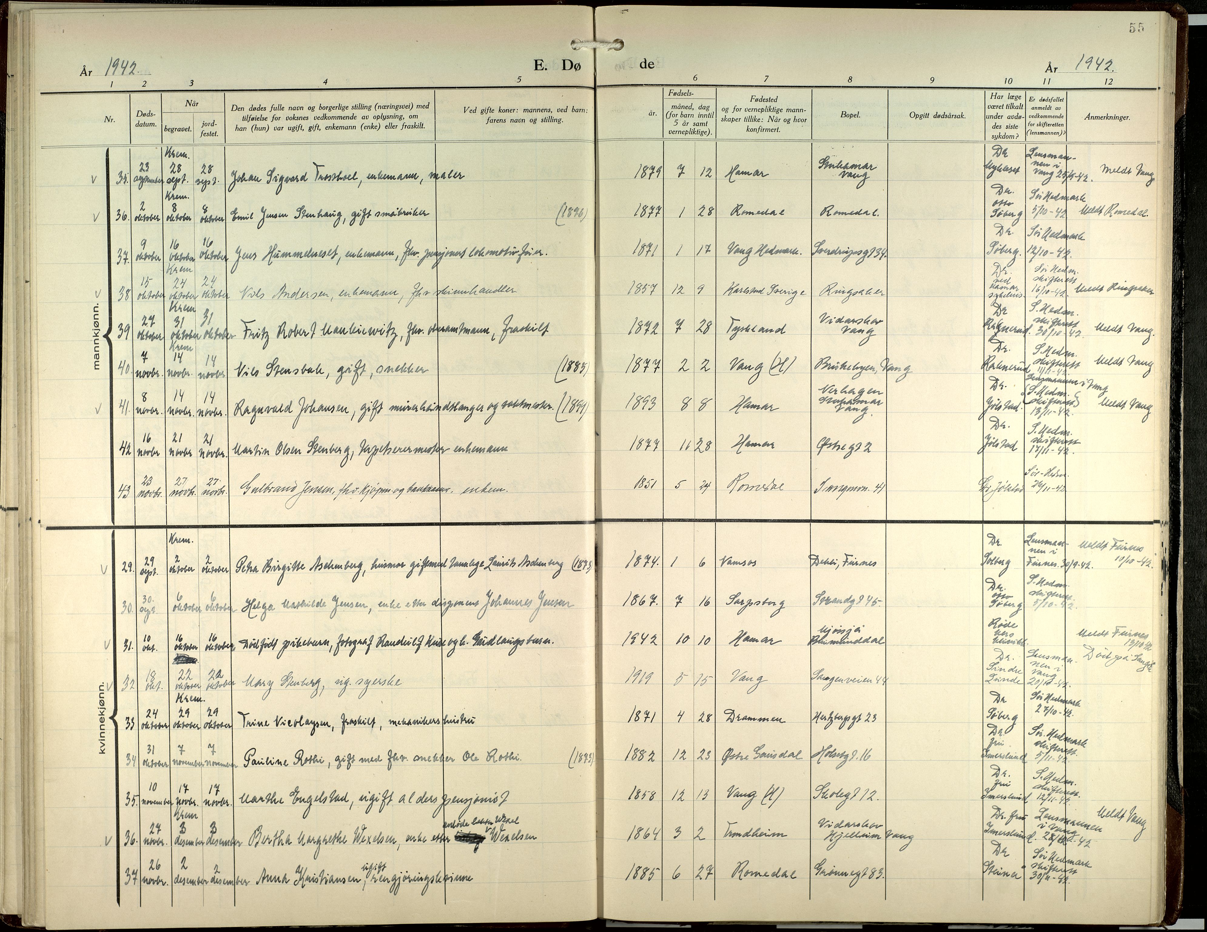 Hamar prestekontor, AV/SAH-DOMPH-002/H/Ha/Haa/L0007: Parish register (official) no. 7, 1933-1953, p. 55