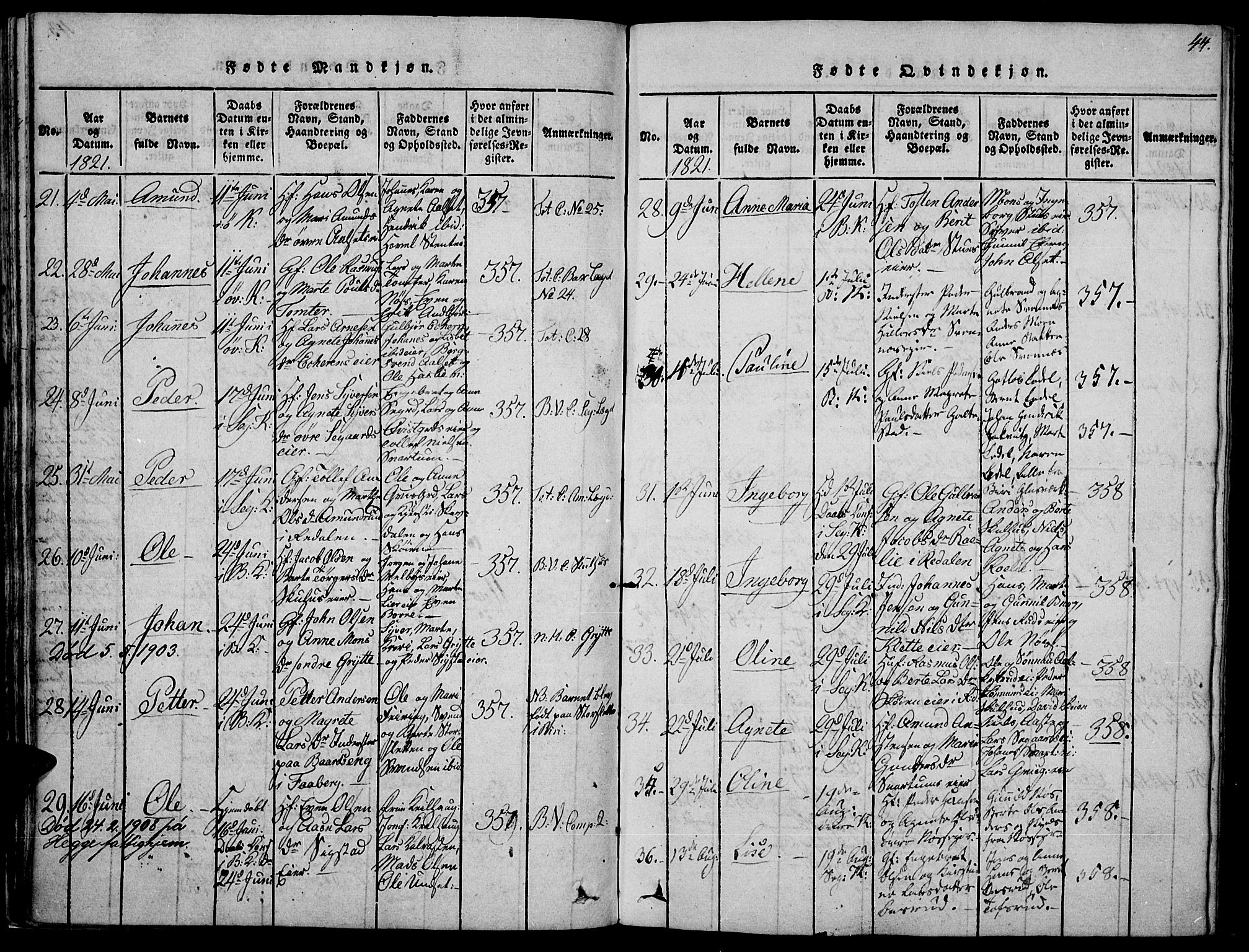 Biri prestekontor, AV/SAH-PREST-096/H/Ha/Haa/L0003: Parish register (official) no. 3, 1814-1828, p. 44