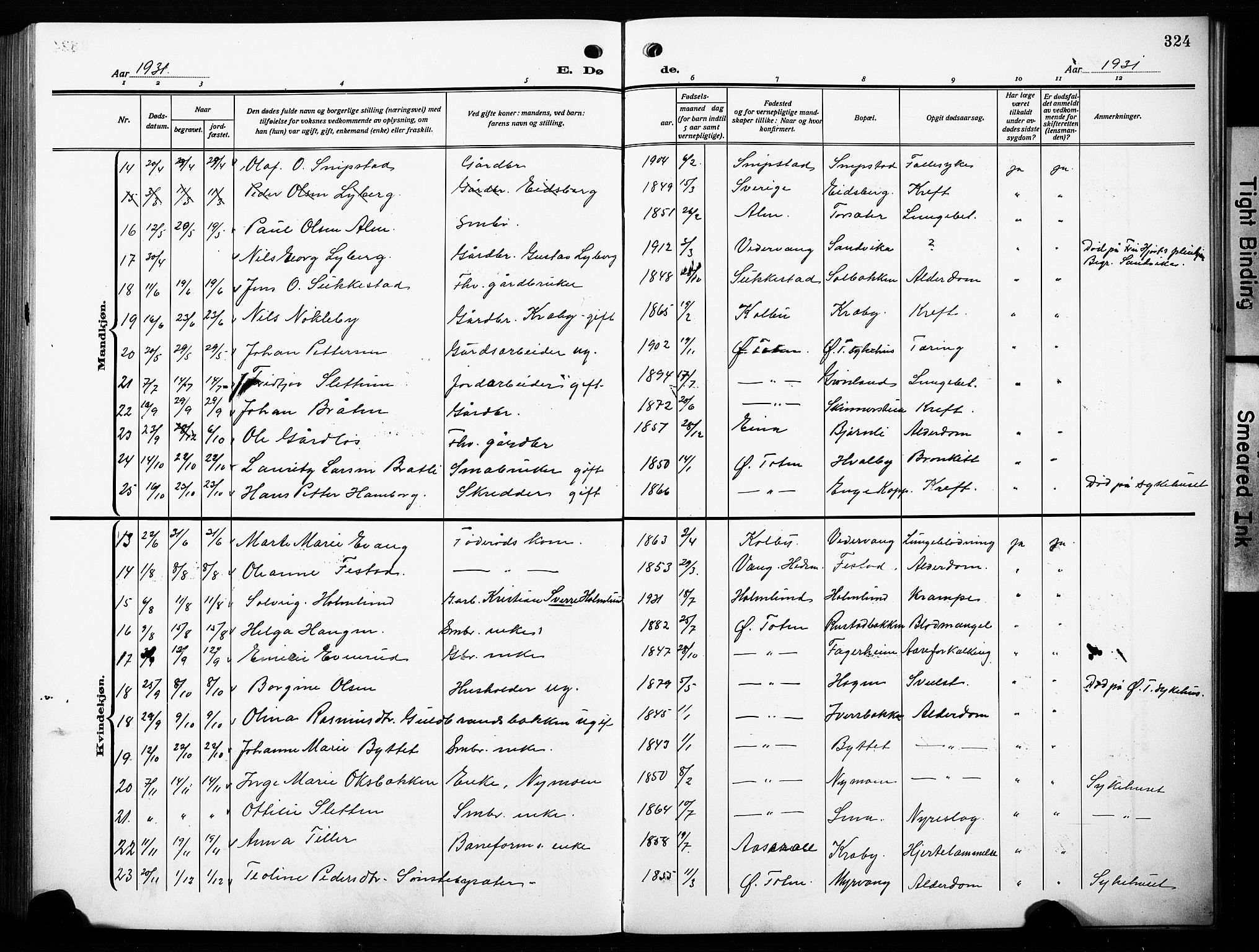 Østre Toten prestekontor, SAH/PREST-104/H/Ha/Hab/L0010: Parish register (copy) no. 10, 1912-1933, p. 324