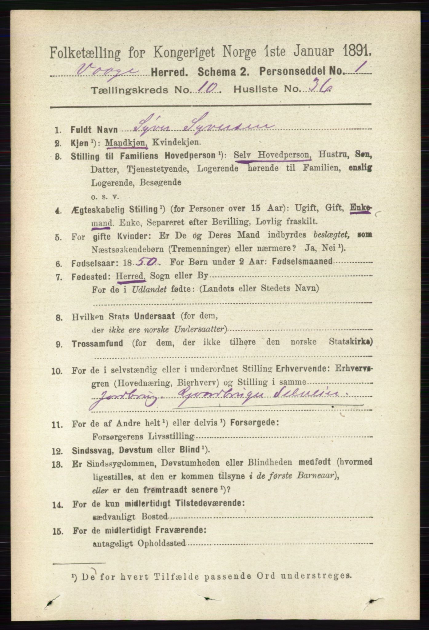 RA, 1891 census for 0515 Vågå, 1891, p. 6465