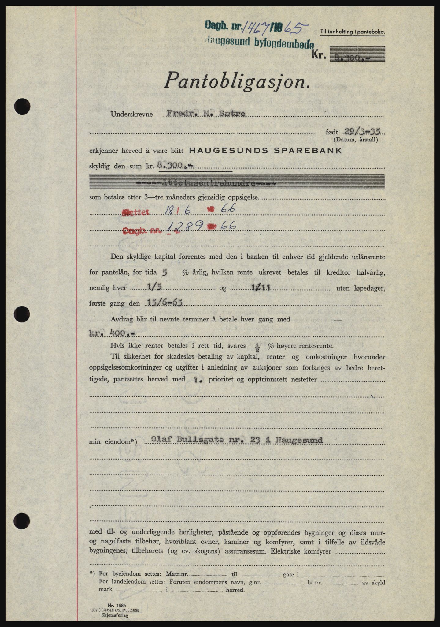 Haugesund tingrett, SAST/A-101415/01/II/IIC/L0053: Mortgage book no. B 53, 1965-1965, Diary no: : 1467/1965