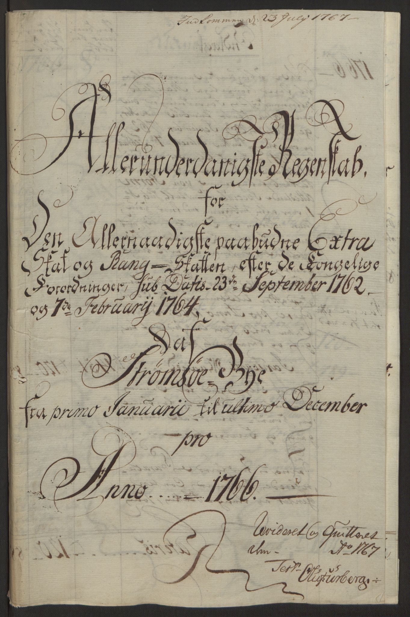 Rentekammeret inntil 1814, Reviderte regnskaper, Byregnskaper, RA/EA-4066/R/Rg/L0144/0001: [G4] Kontribusjonsregnskap / Ekstraskatt, 1762-1767, p. 412