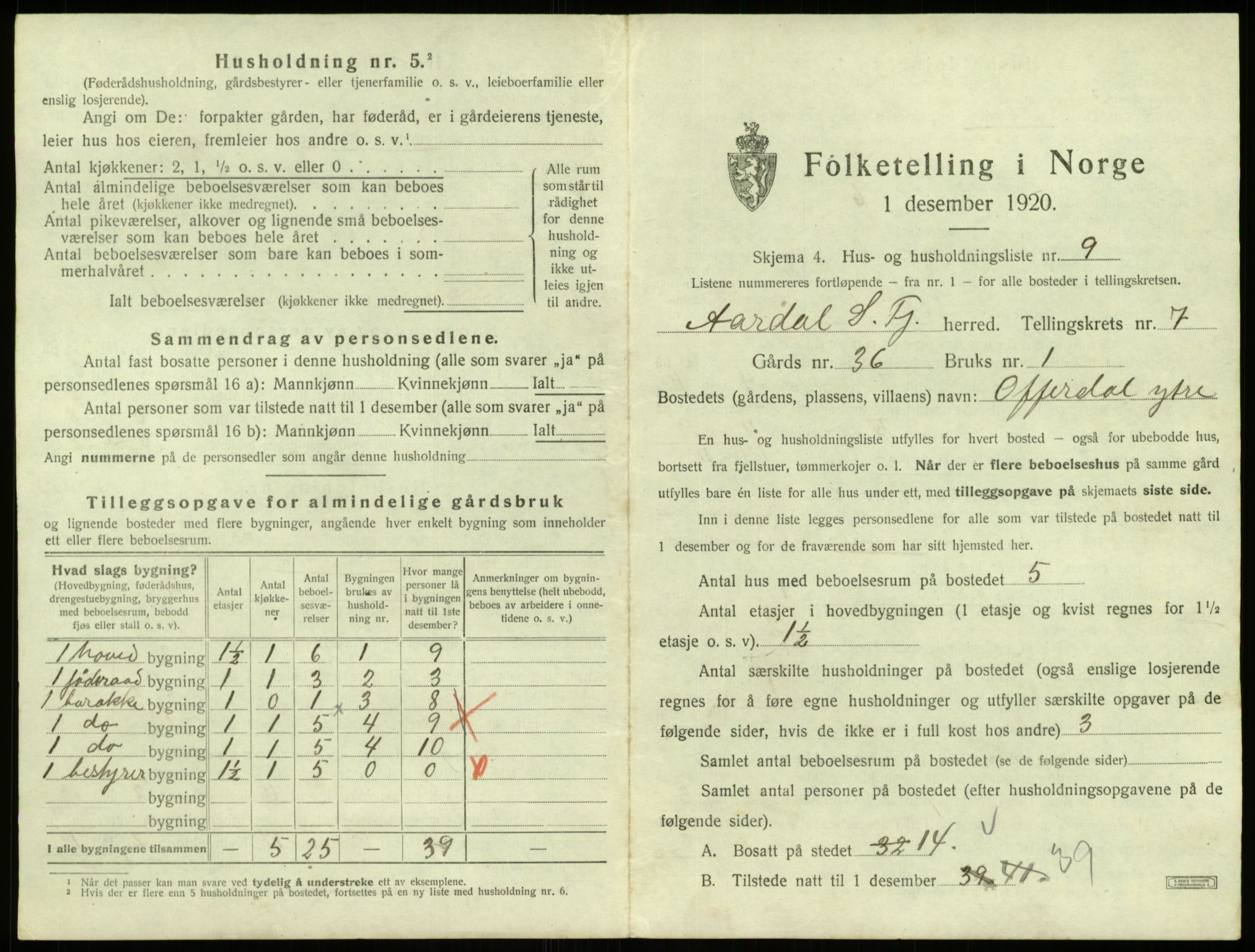 SAB, 1920 census for Årdal, 1920, p. 460