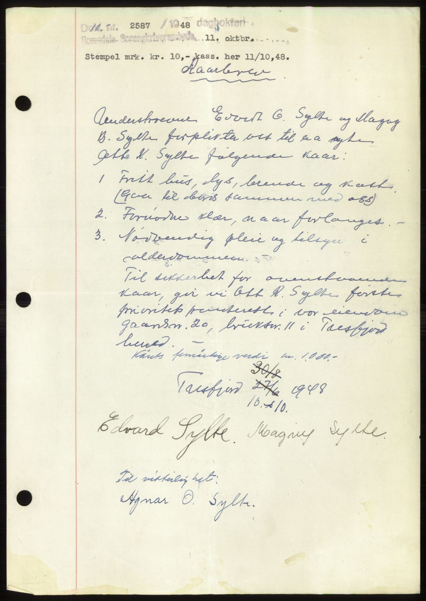 Romsdal sorenskriveri, AV/SAT-A-4149/1/2/2C: Mortgage book no. B4, 1948-1949, Diary no: : 2587/1948