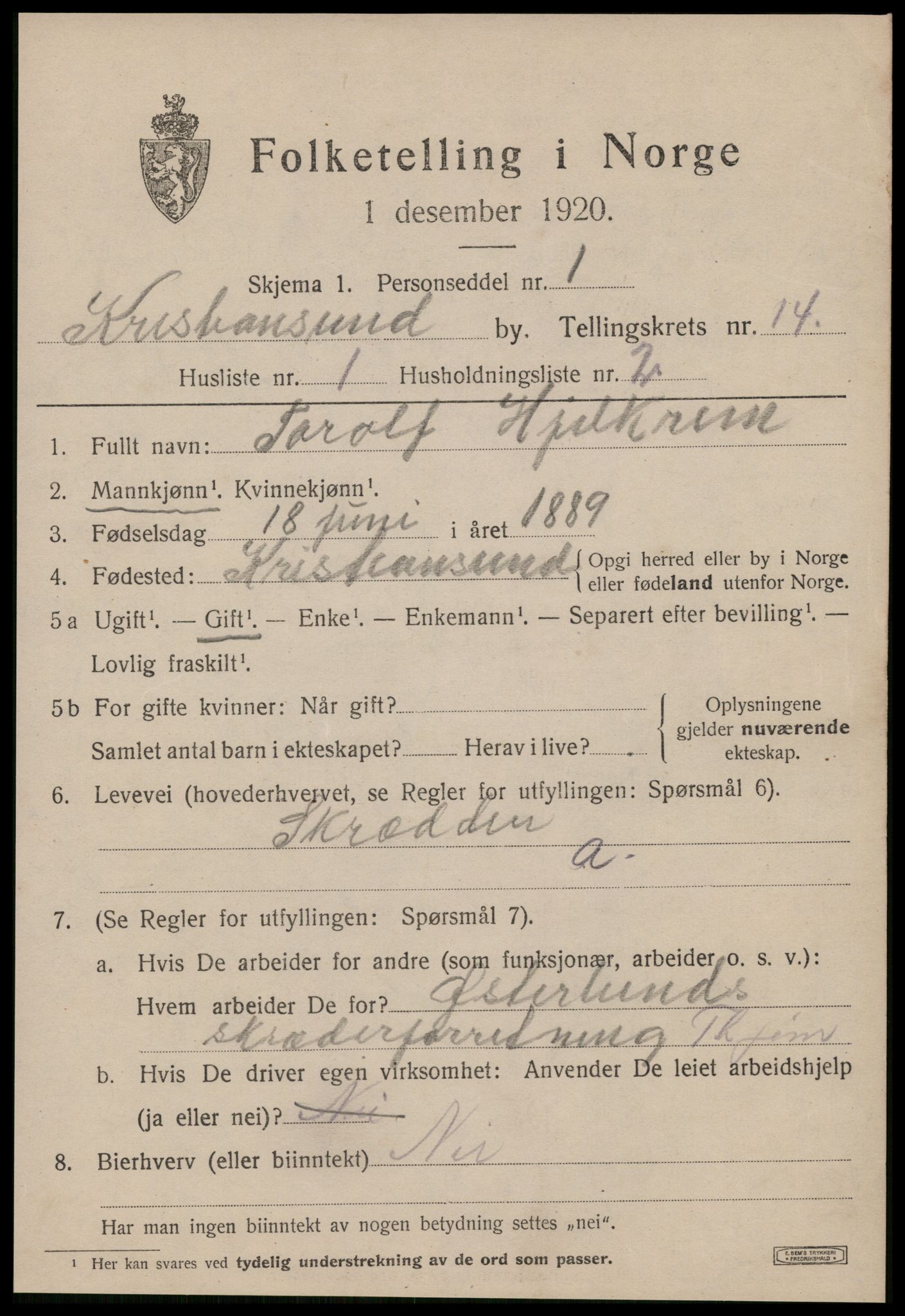 SAT, 1920 census for Kristiansund, 1920, p. 28643