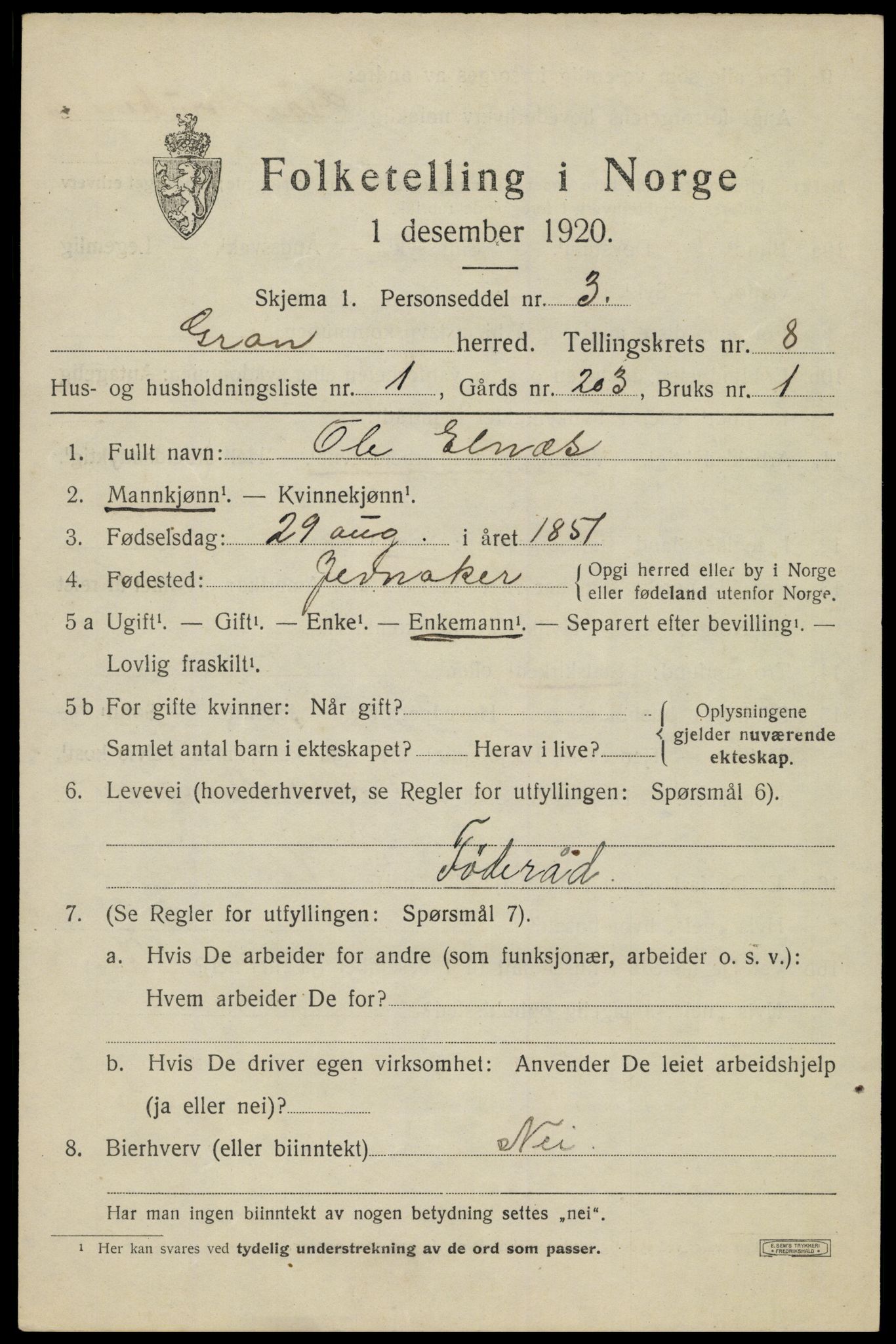 SAH, 1920 census for Gran, 1920, p. 10484