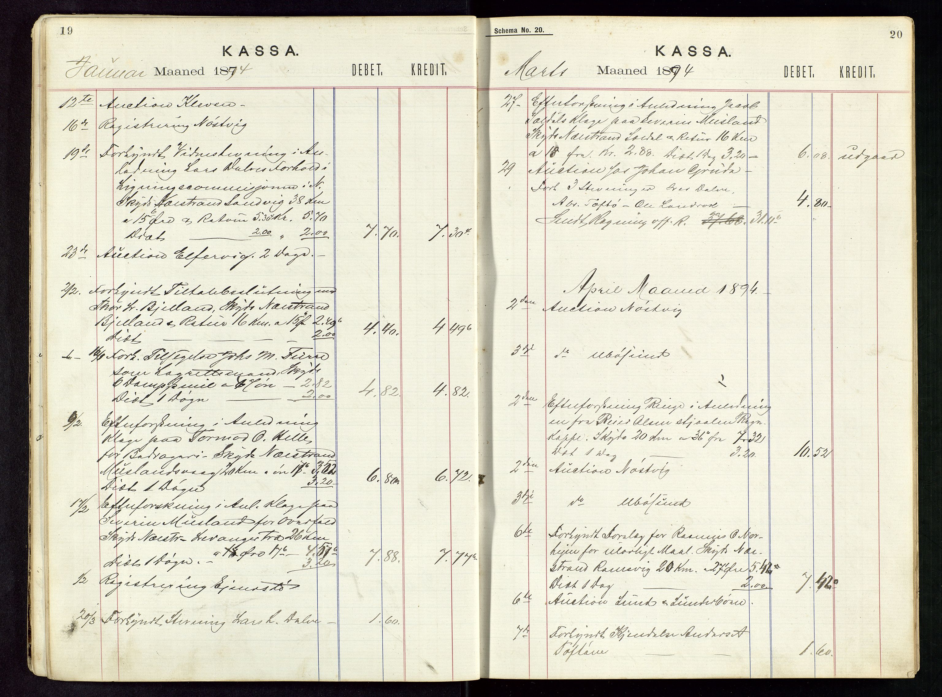 Nedstrand lensmannskontor, AV/SAST-A-100236/Rf/L0001: Skyss- og kostgodtgjørelse reiser, 1891-1898, p. 19-20