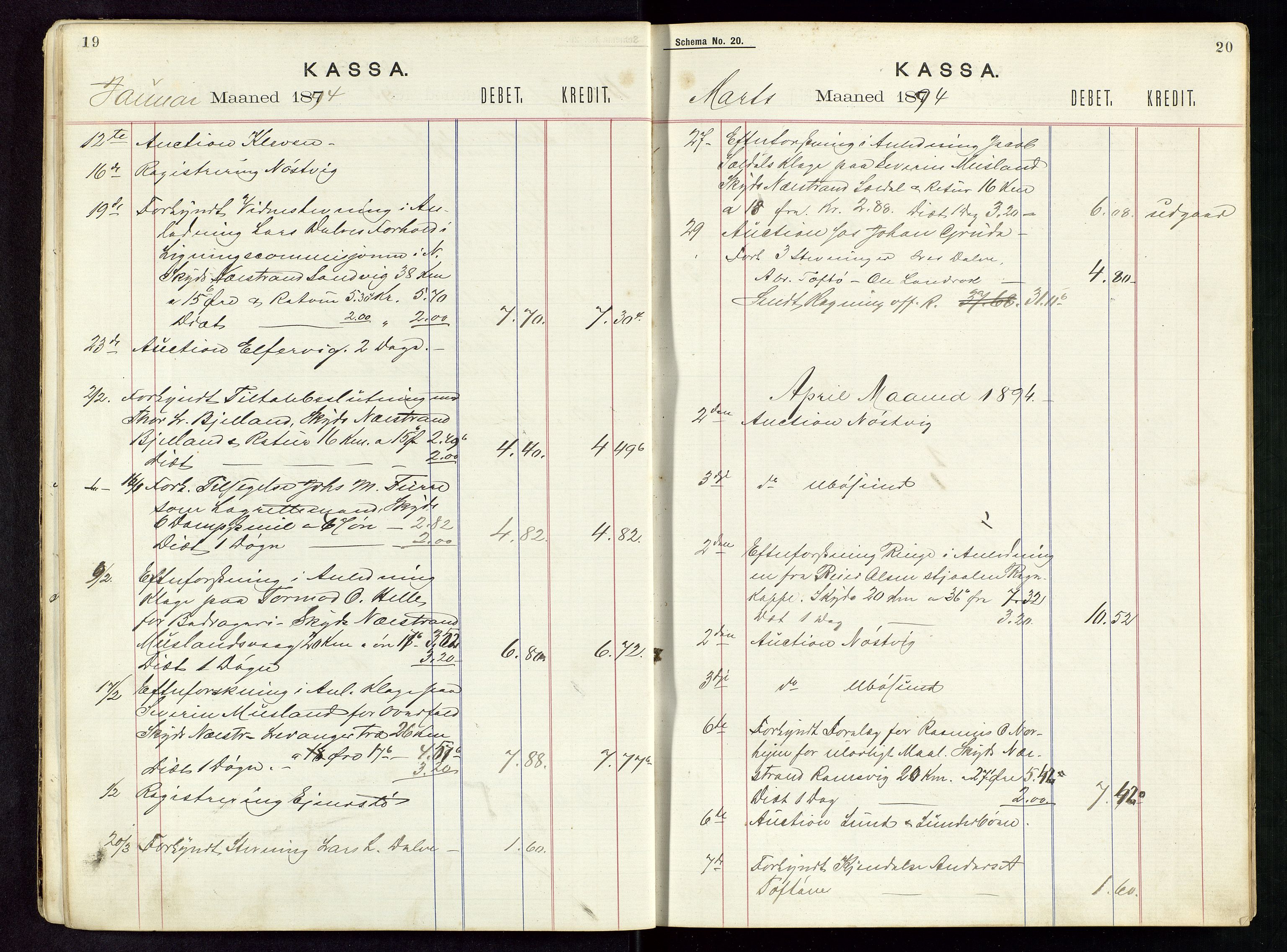 Nedstrand lensmannskontor, SAST/A-100236/Rf/L0001: Skyss- og kostgodtgjørelse reiser, 1891-1898, p. 19-20